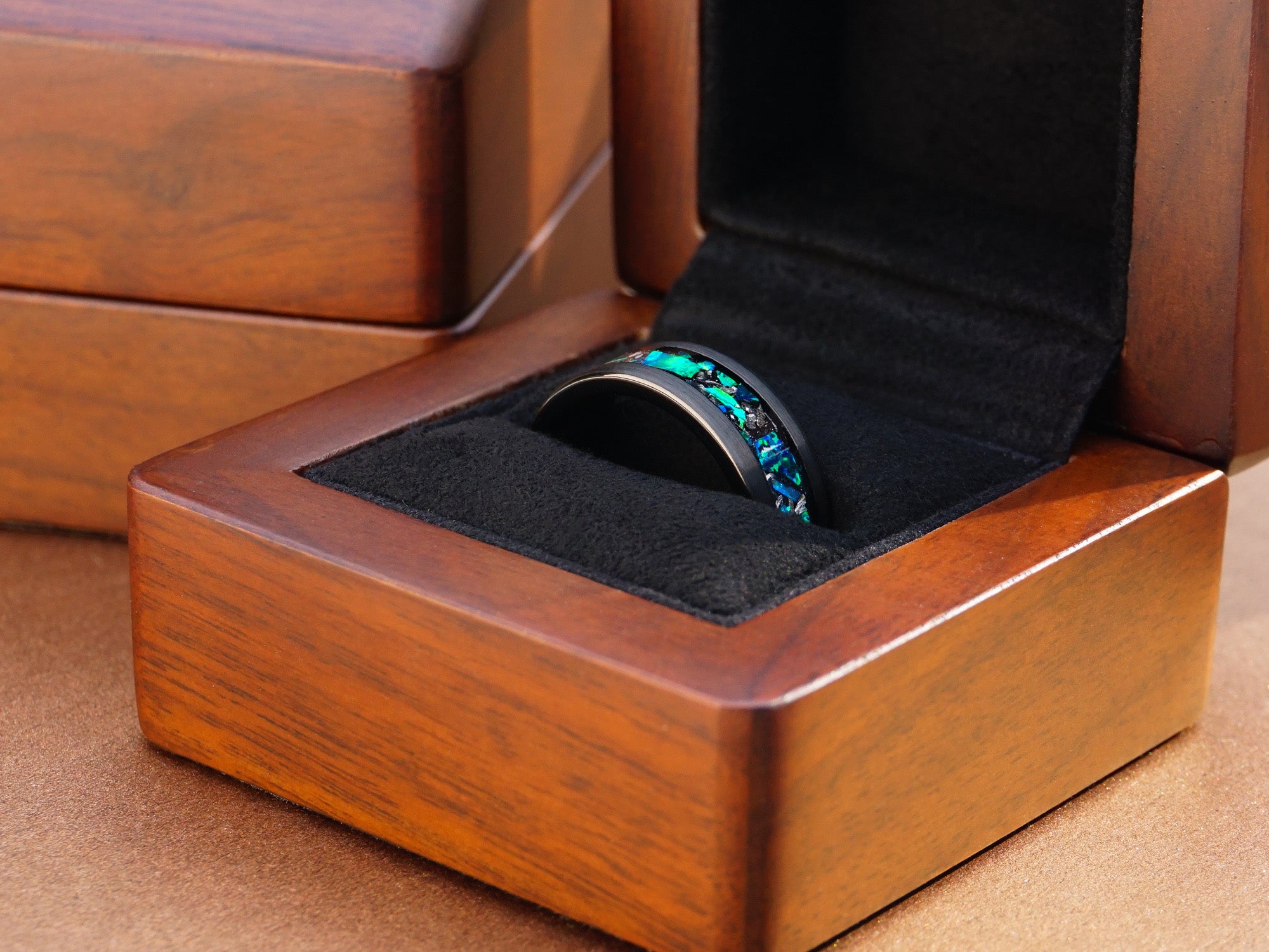 eagle nebula tungsten ring, brushed black ring with green opal and meteorite inlay, mens wedding band, luxury wood ring box