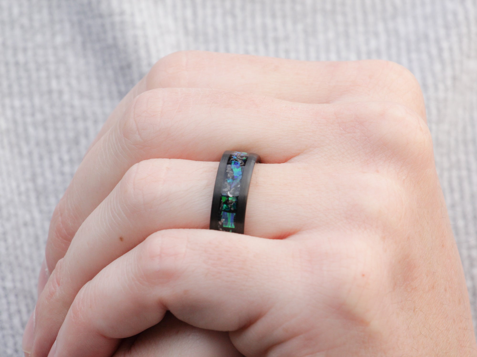 eagle nebula tungsten ring, lab grown green opal with meteorite inlay, 8mm brushed black wedding band, mens hand photo