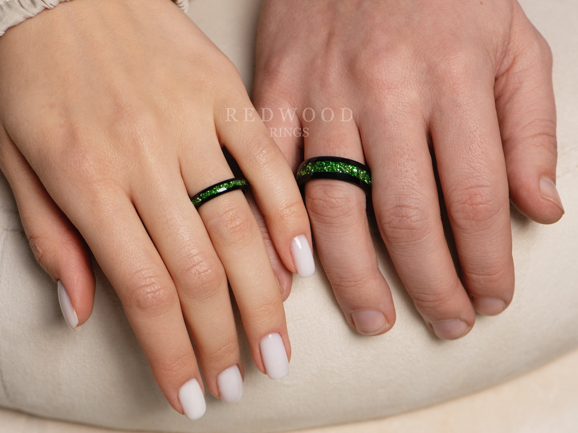 emerald ring matching set, black tungsten and lab emerald rings for him and her, 8mm 4mm