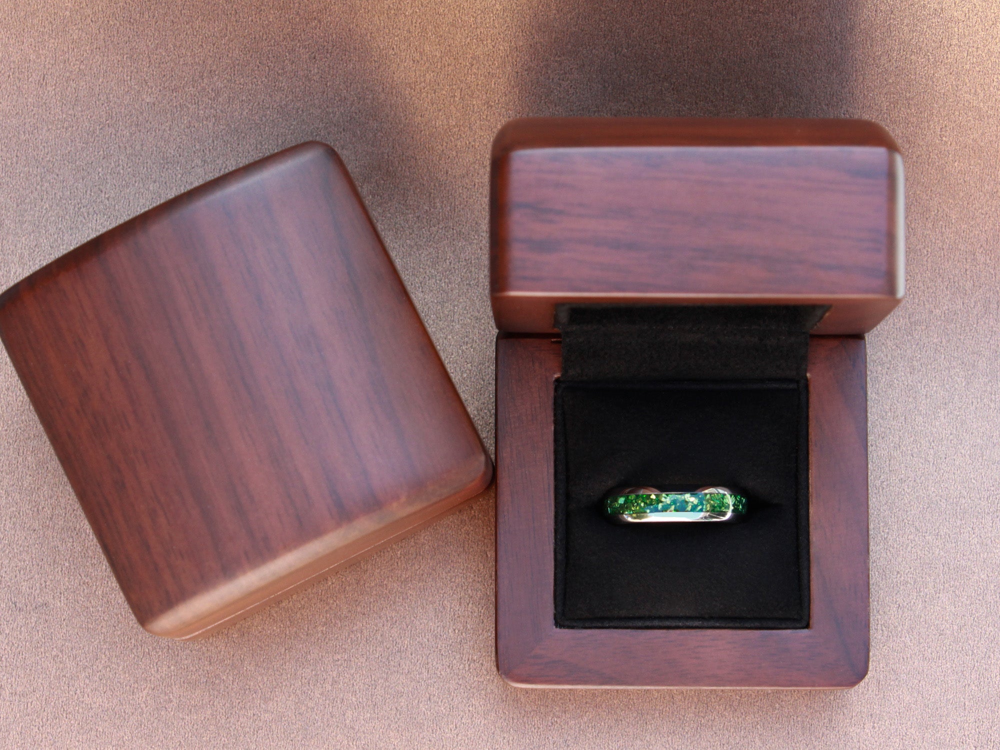 emerald tungsten ring, silver polished ring with green lab emerald inlay, unique unisex wedding ring, walnut wood box