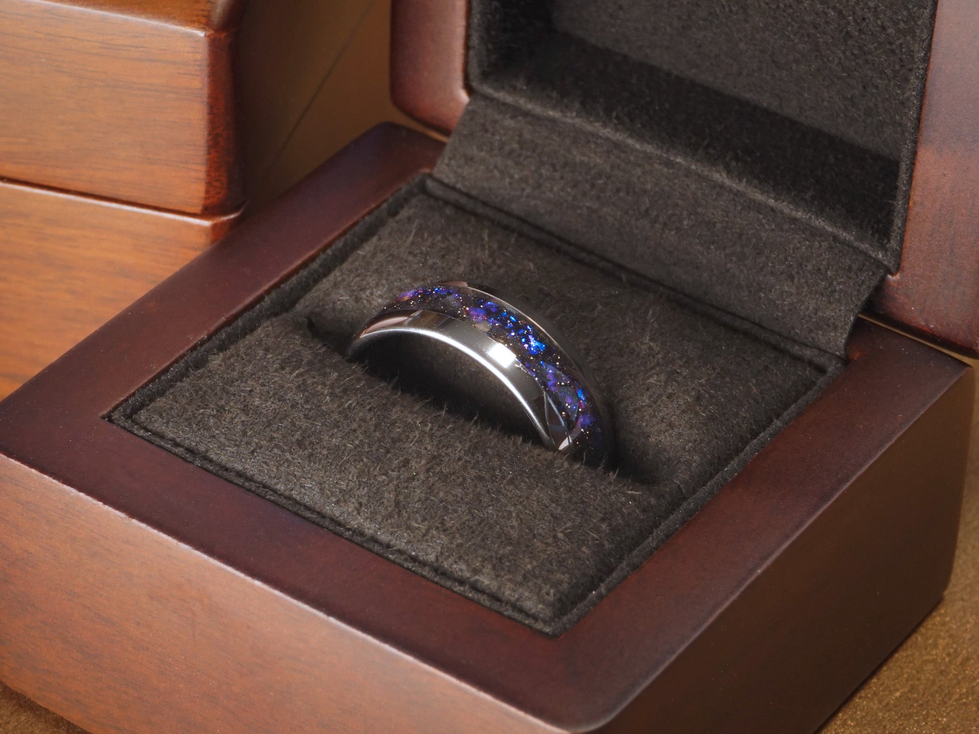 galaxy tungsten ring, silver polished 8mm ring with purple blue nebula inlay, mens wedding band, luxury wood ring box