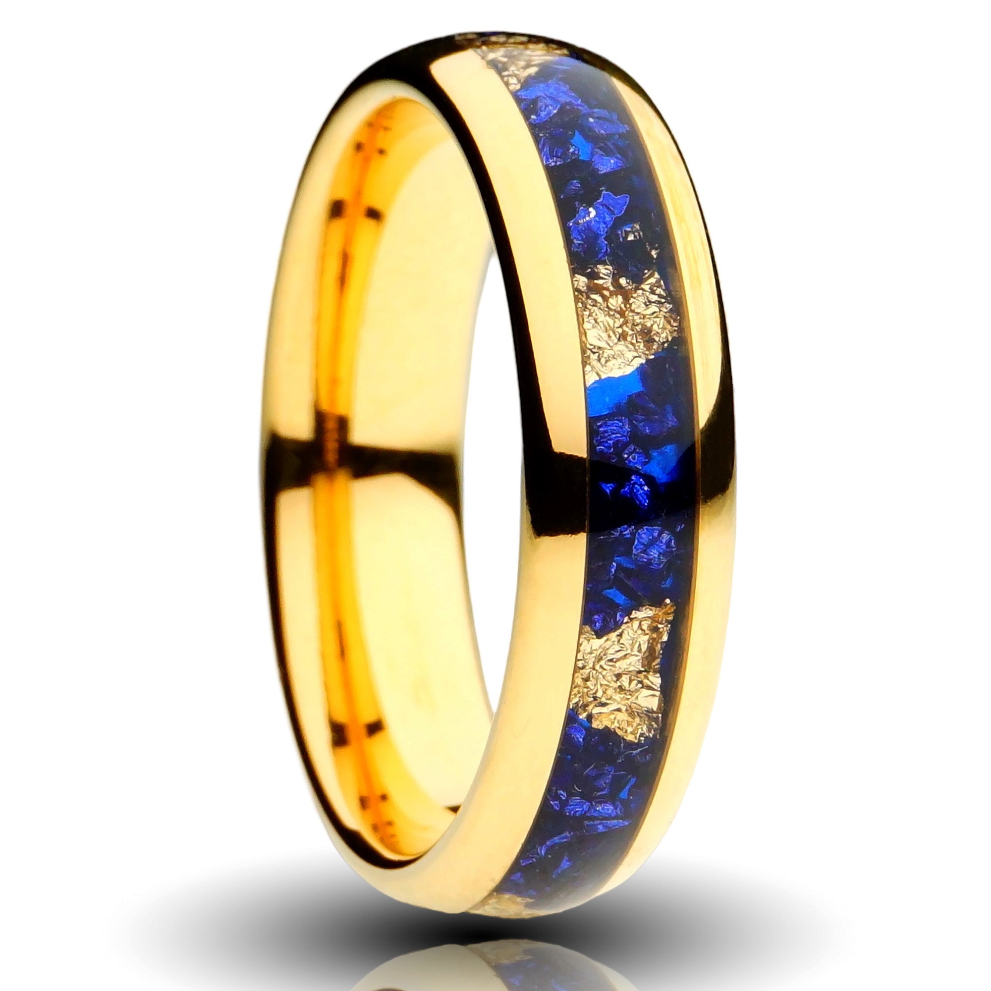 Gold Tungsten Ring with Gold Leaf and Blue Lab Created Sapphire Inlay 6MM