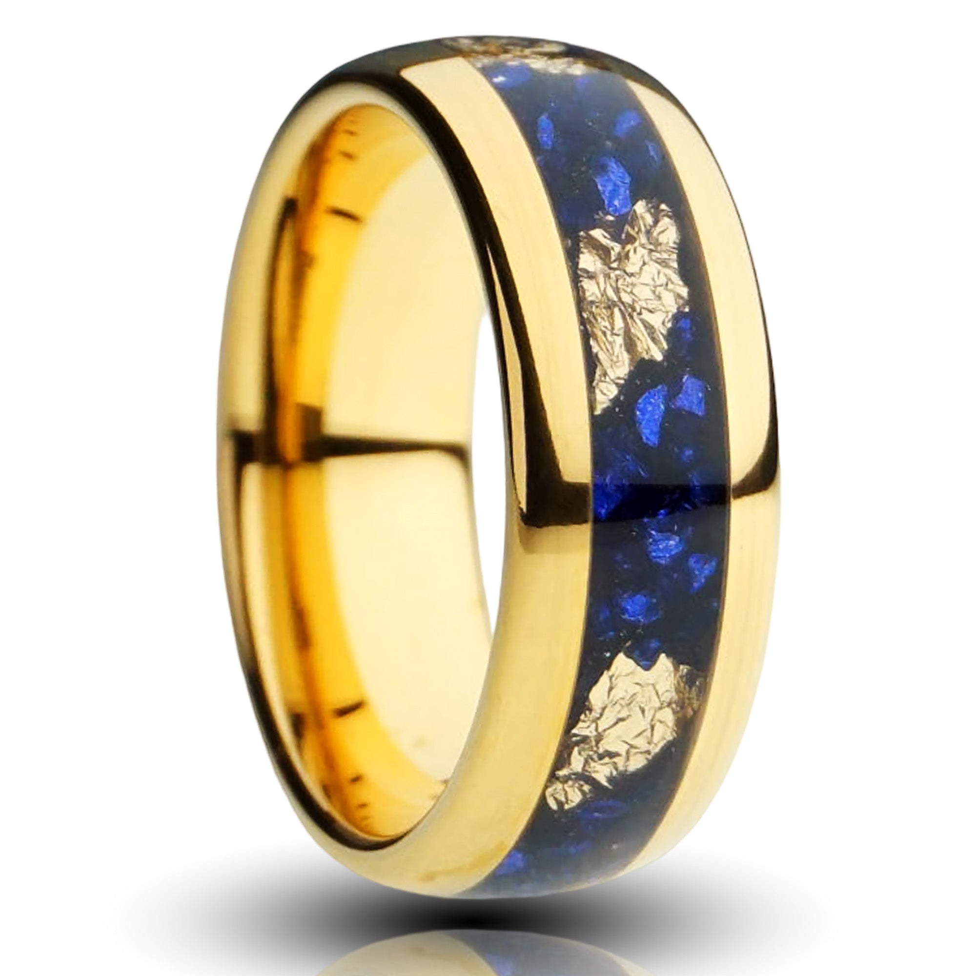 gold leaf sapphire tungsten ring, 6mm gold foil inlay with crushed sapphire, gold plated tungsten, mens wedding band, cutout photo