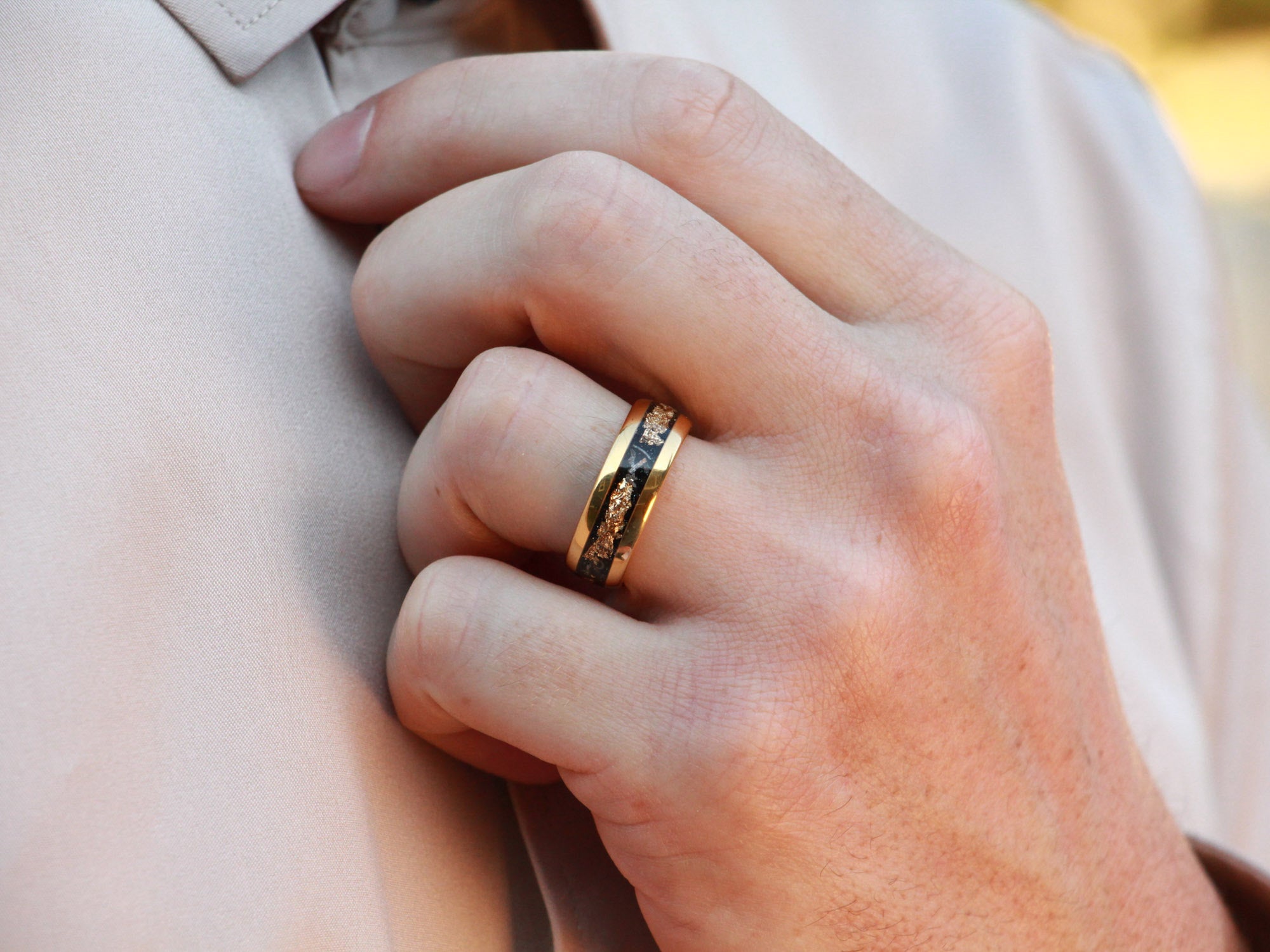 gold leaf tungsten ring, meteorite and gold leaf inlay, 8mm yellow gold wedding band, mens formal hand photo