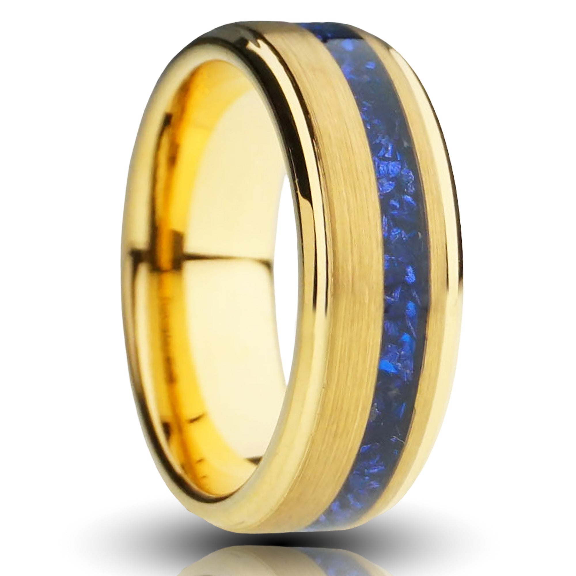 gold sapphire gentlemans band, lab grown offset blue sapphire inlay, gold plated tungsten, brushed finish with stepped edges, cutout photo