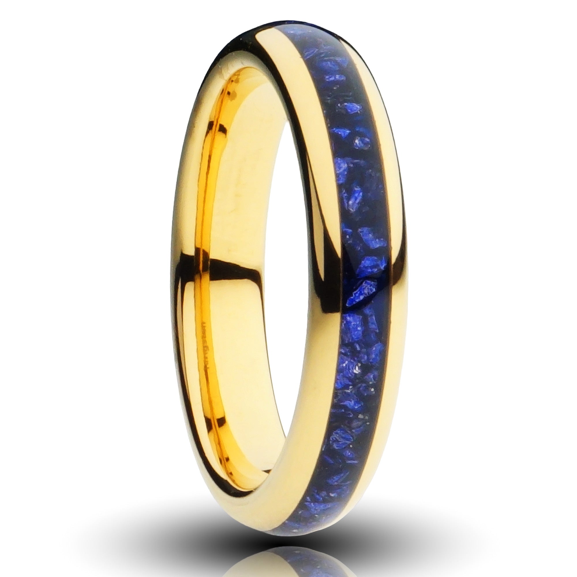 gold sapphire tungsten ring, 4mm dark blue lab grown sapphire inlay, gold plated tungsten, comfort fit womens wedding band, cutout