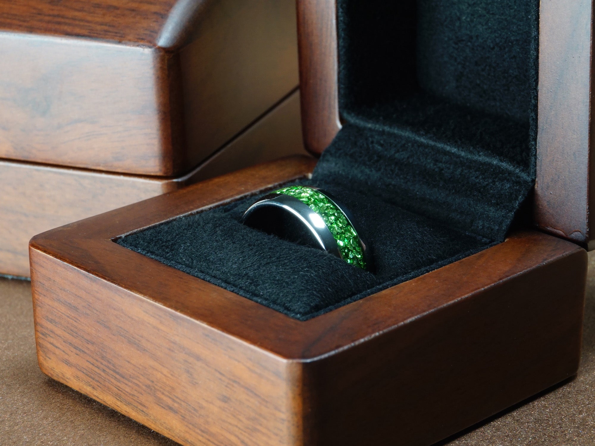 Matching Silver Tungsten Rings with Green Lab Emerald - 4MM, 6MM, 8MM