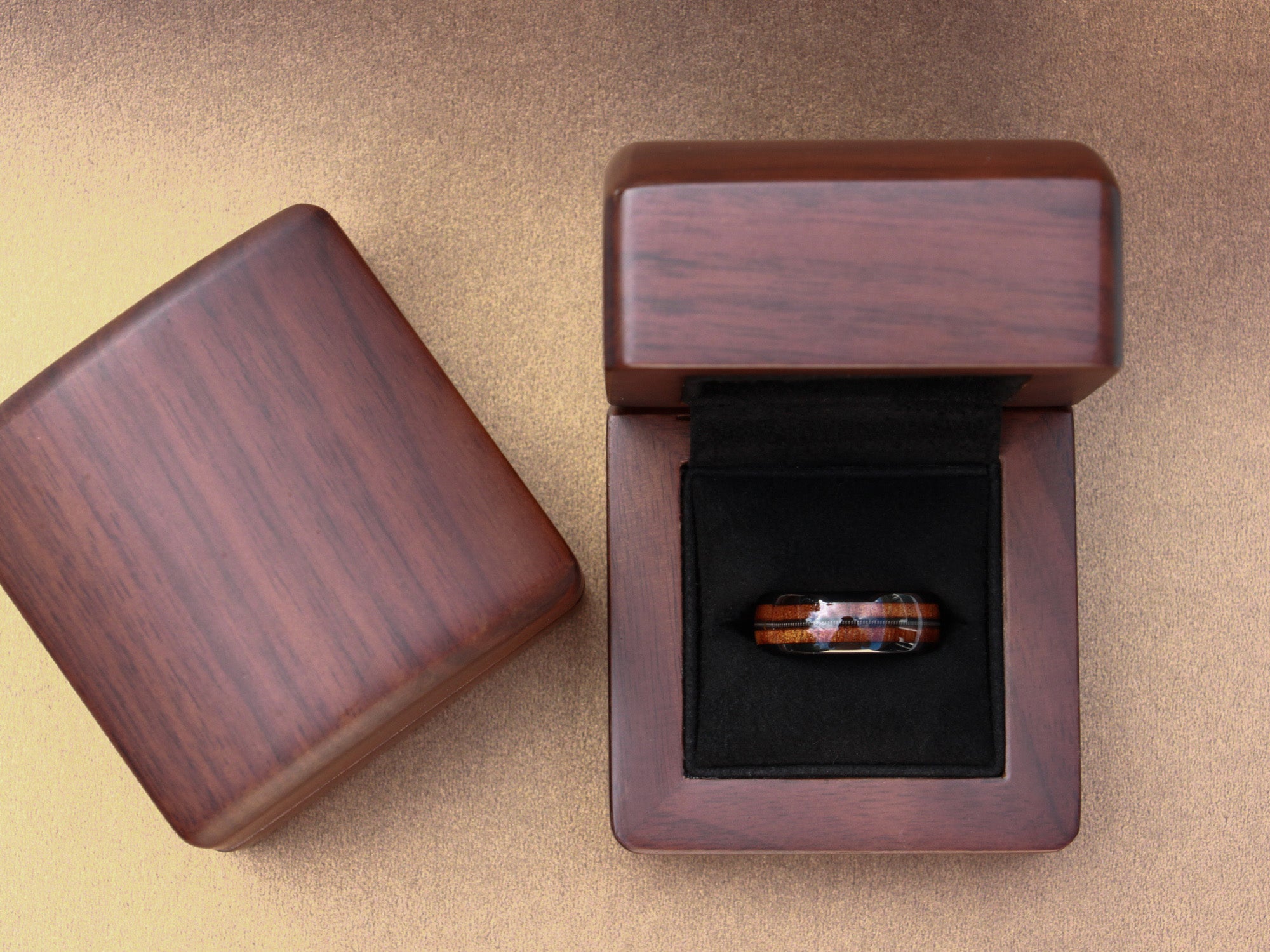 koa guitar string tungsten ring, black polished ring with guitar string and koa wood inlays, unique mens wedding ring, walnut wood box