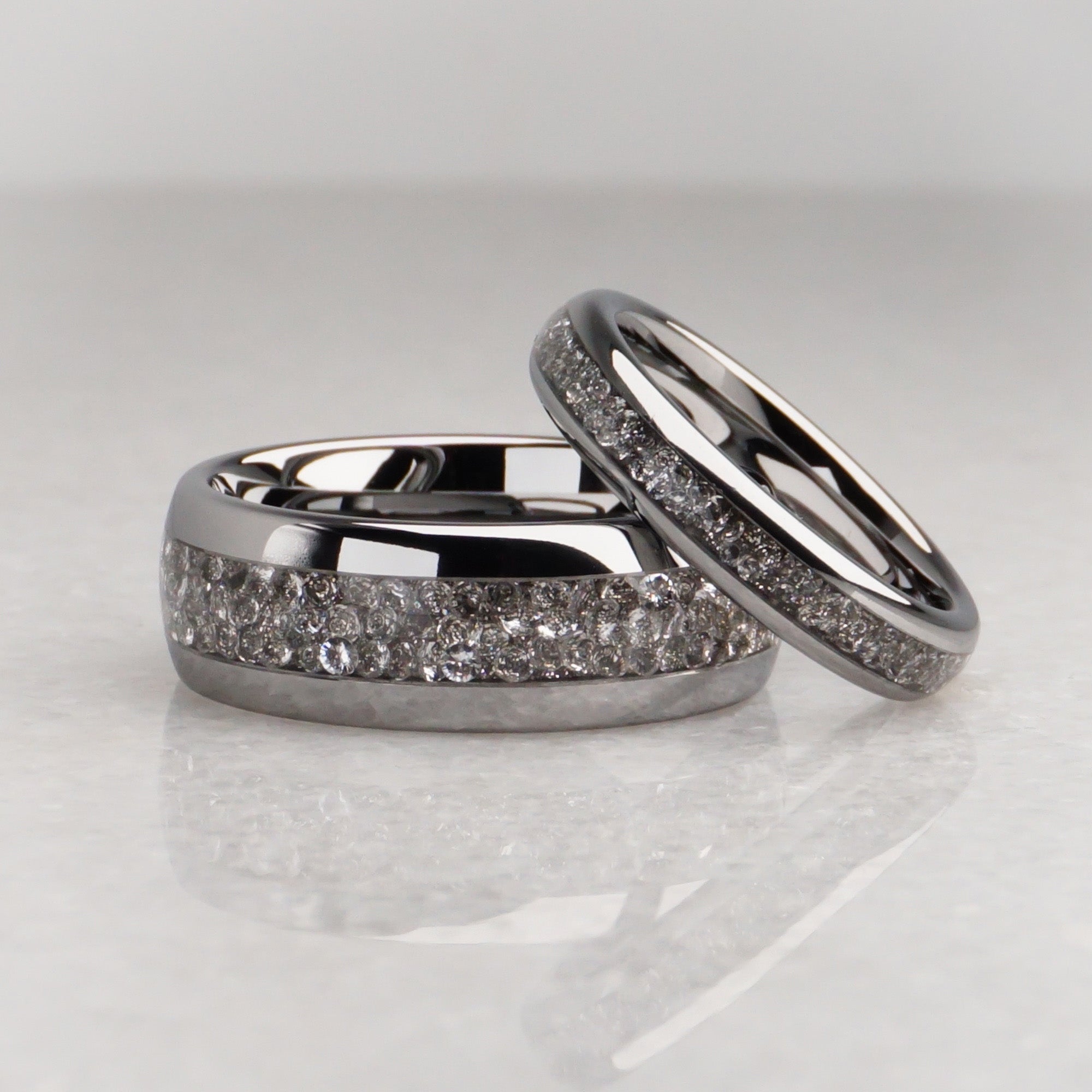 Matching Lab Grown Diamond Wedding bands, 8MM and 4MM Silver Ring Set Matching Lab Grown Diamond Wedding bands, 8MM and 4MM Silver Ring Set