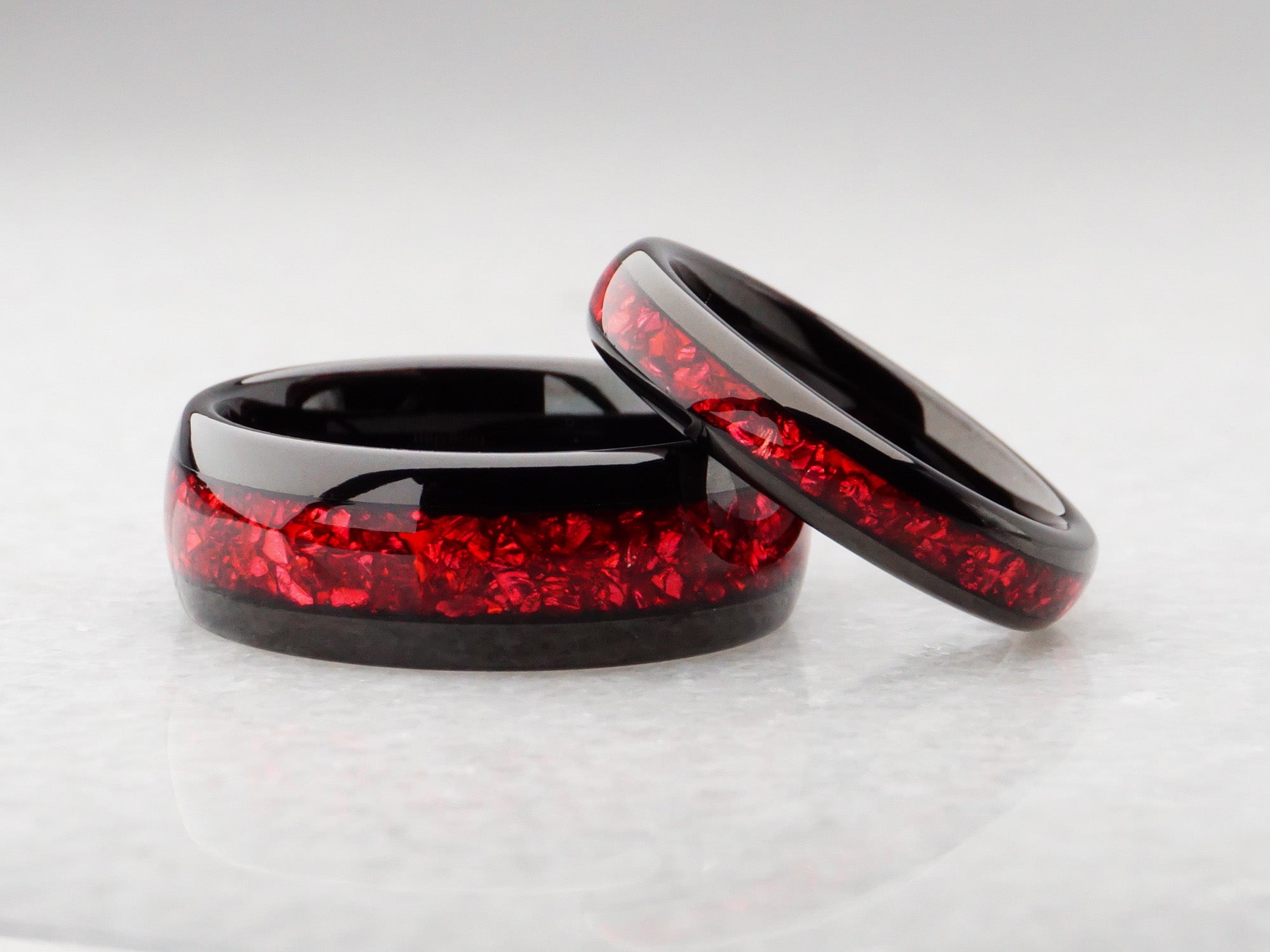 Matching Lab Garnet Wedding bands, 8MM and 4MM Polished Black and Red Matching Lab Garnet Wedding bands, 8MM and 4MM Polished Black and Red