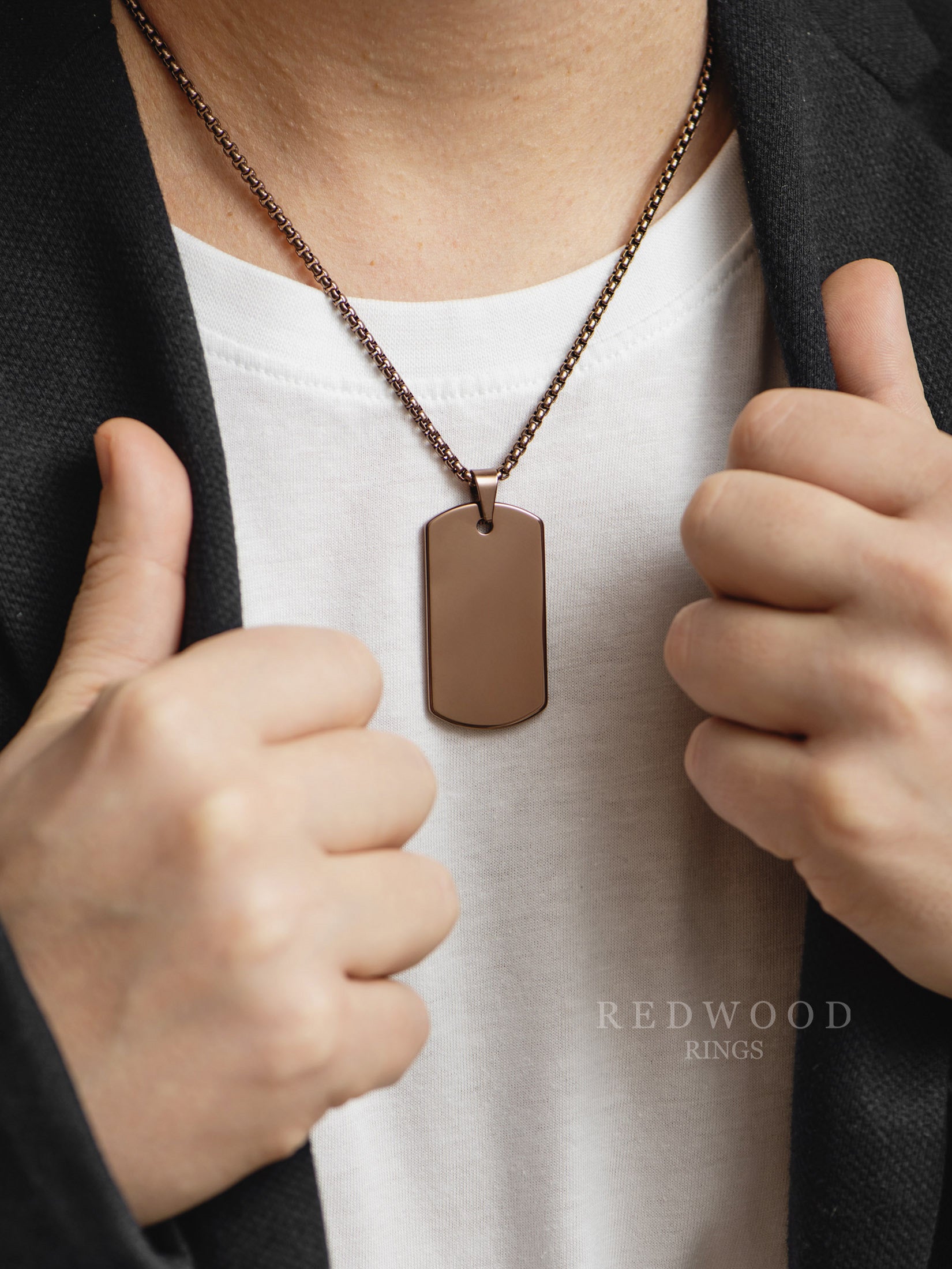 man wearing tungsten dog tag necklace