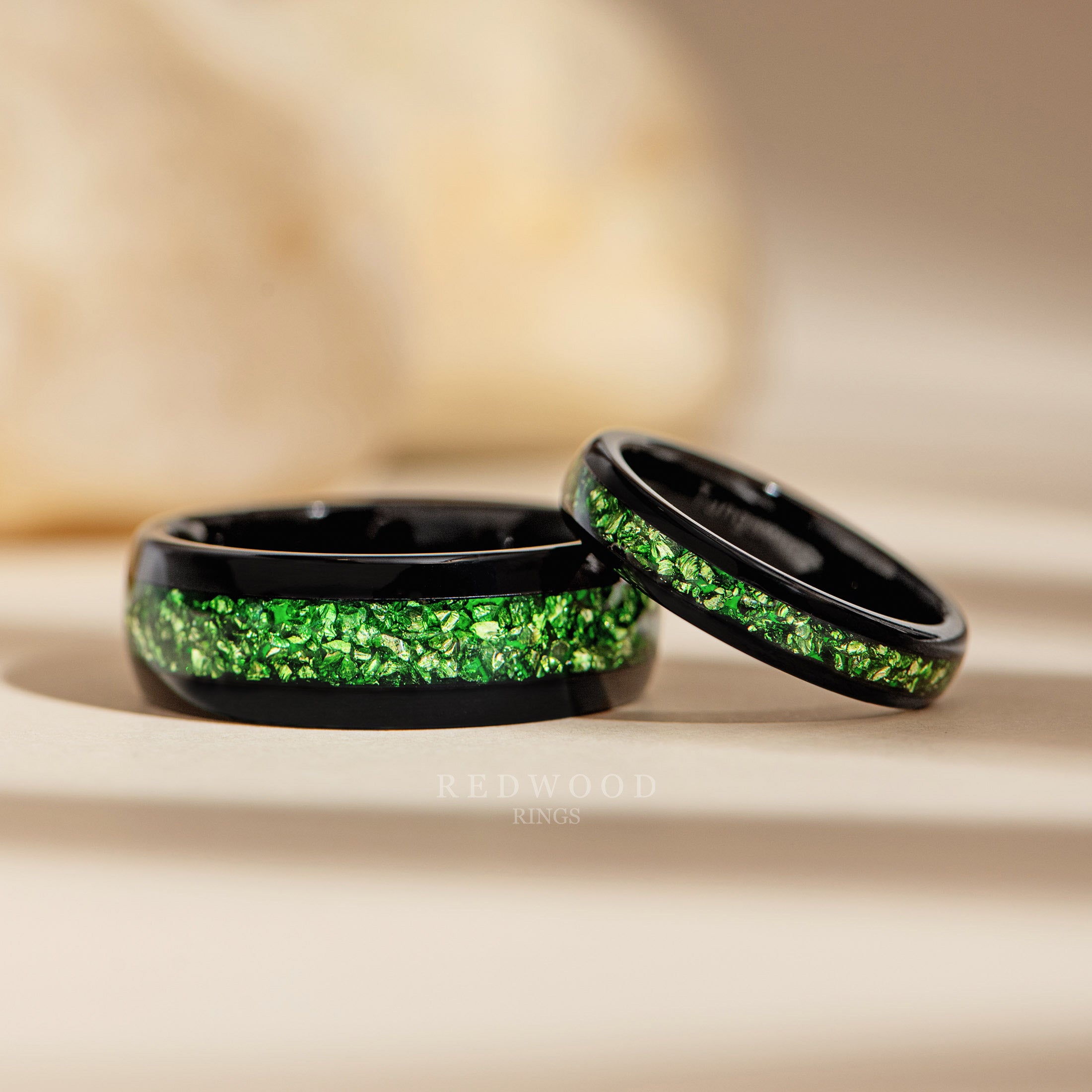 Matching Lab Emerald Wedding bands, 8MM and 4MM Polished Black and