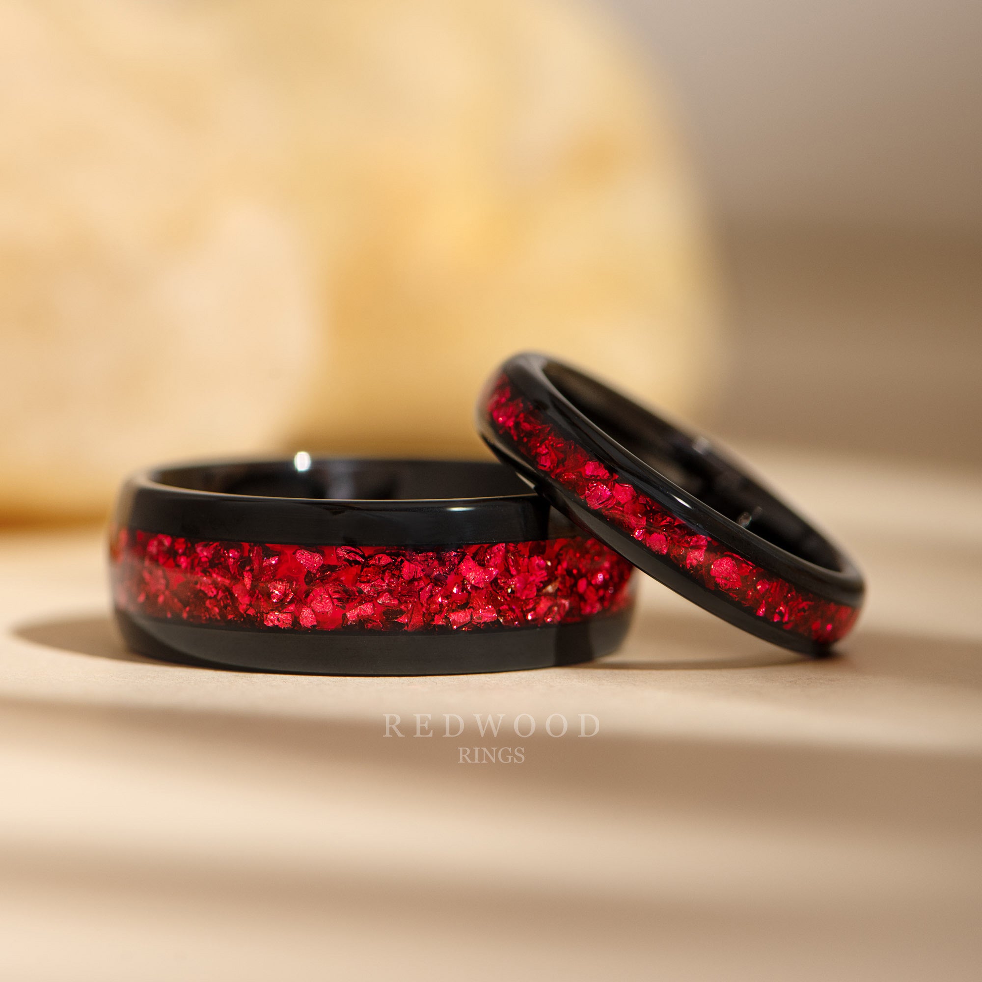 Matching Lab Garnet Wedding bands, 8MM and 4MM Polished Black and Red Matching Lab Garnet Wedding bands, 8MM and 4MM Polished Black and Red