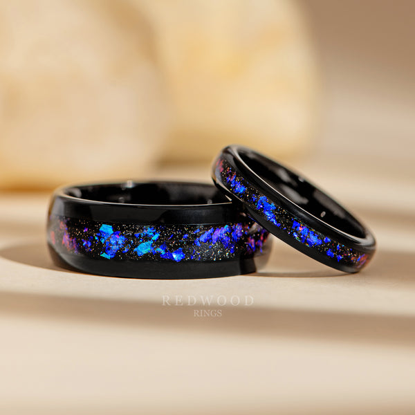 matching black nebula tungsten rings, galaxy space themes ring set 8mm and 4mm