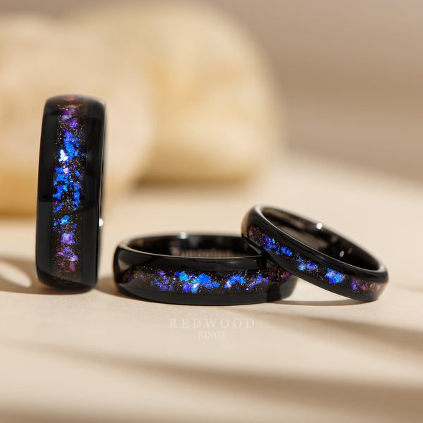 matching black tungsten rings with galaxy nebula inlay, 4mm 6mm 8mm widths