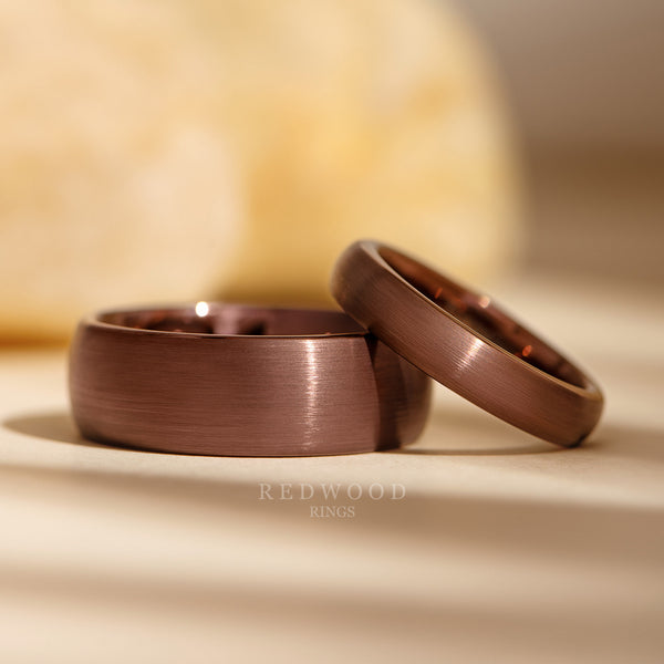 matching brown brushed tungsten rings, 8mm and 4mm matching wedding bands