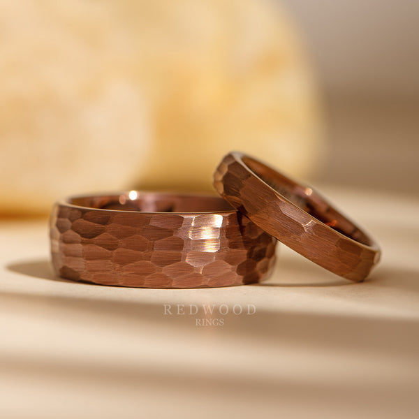 matching brown hammered tungsten rings, 8mm and 4mm matching wedding bands