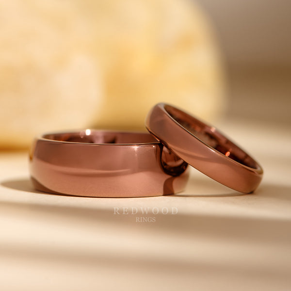 matching brown polished tungsten rings, 8mm and 4mm matching wedding bands