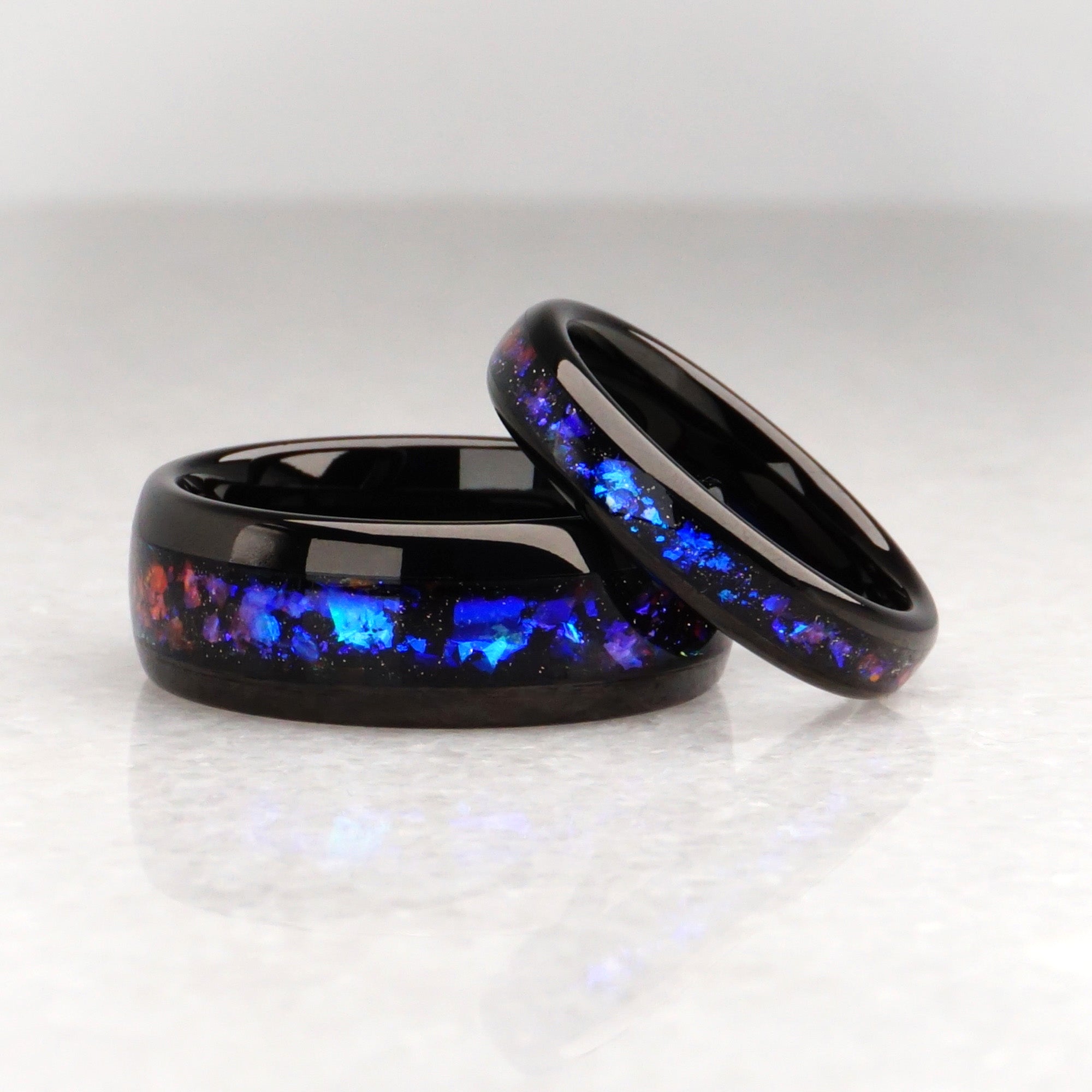 Matching Galaxy Wedding bands, 8MM and 4MM Polished Black Ring Set Matching Galaxy Wedding bands, 8MM and 4MM Polished Black Ring Set