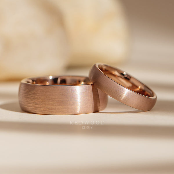 matching rose gold brushed tungsten rings, 8mm and 4mm matching wedding bands