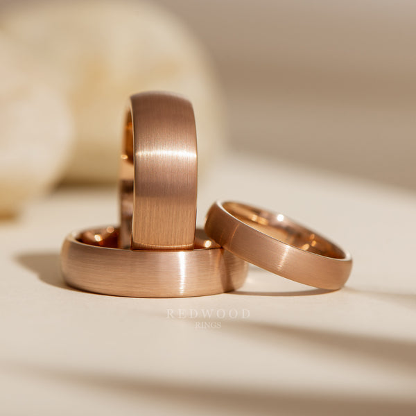 matching rose gold tungsten rings with brushed matte finish, 4mm 6mm 8mm widths