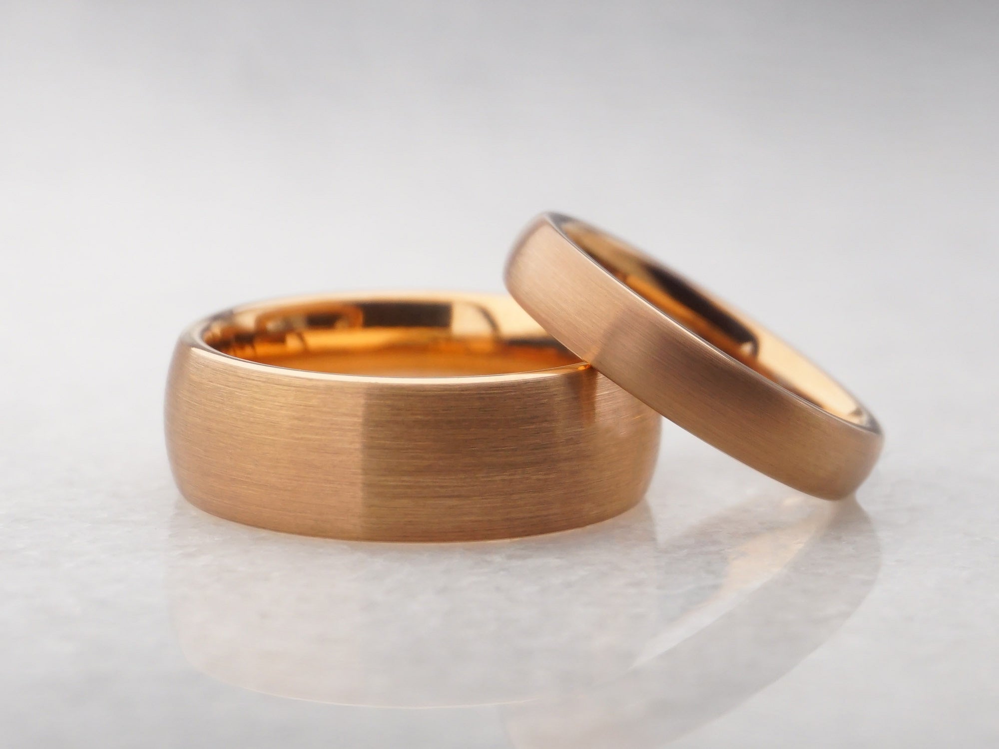 matching rose gold wedding bands, brushed rose gold plated tungsten rings, 8mm and 4mm matching ring set