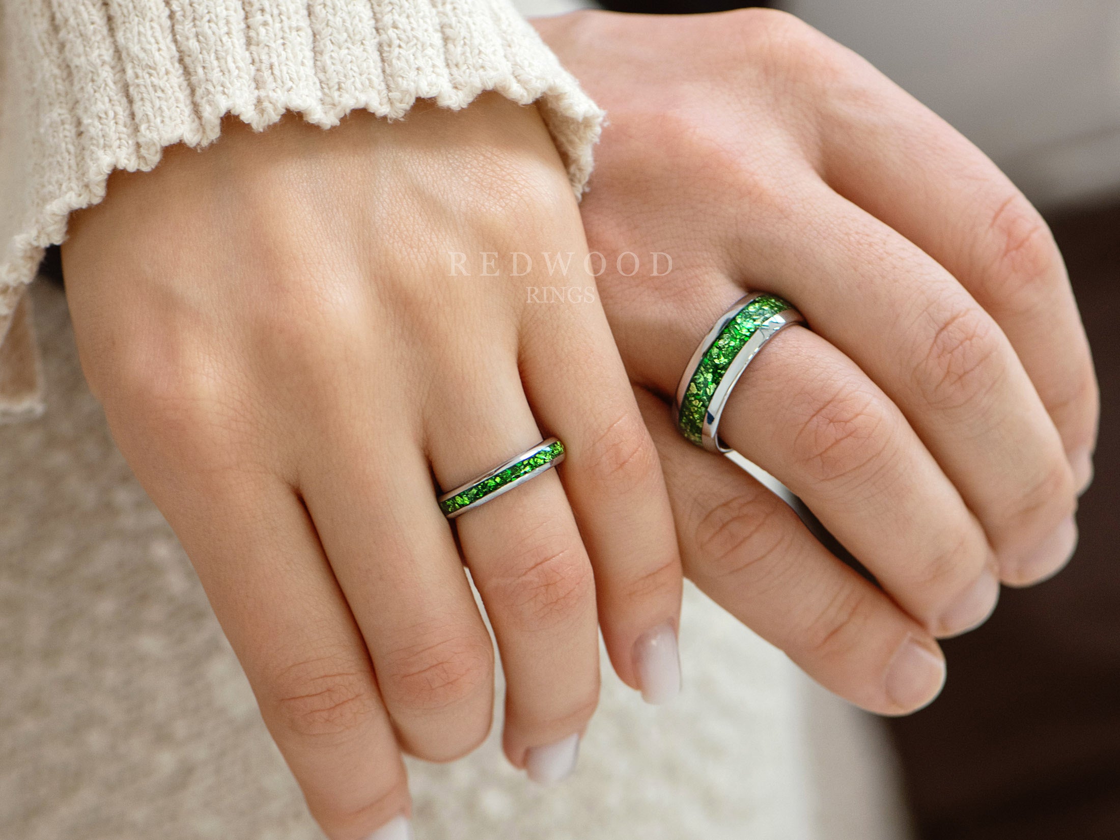 Matching Silver Tungsten Rings with Green Lab Emerald - 4MM, 6MM, 8MM