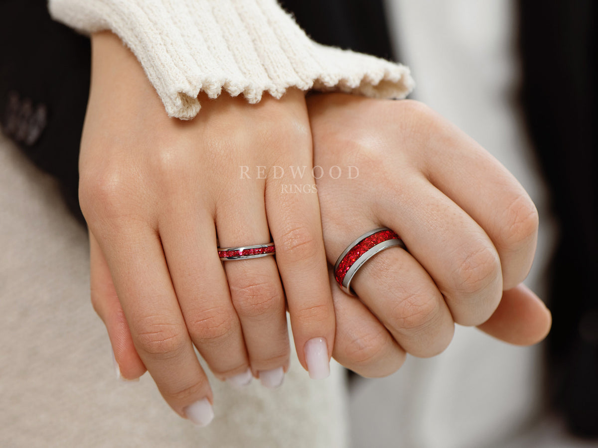 Matching Silver Tungsten Rings with Red Lab Garnet - 4MM, 6MM, 8MM ...