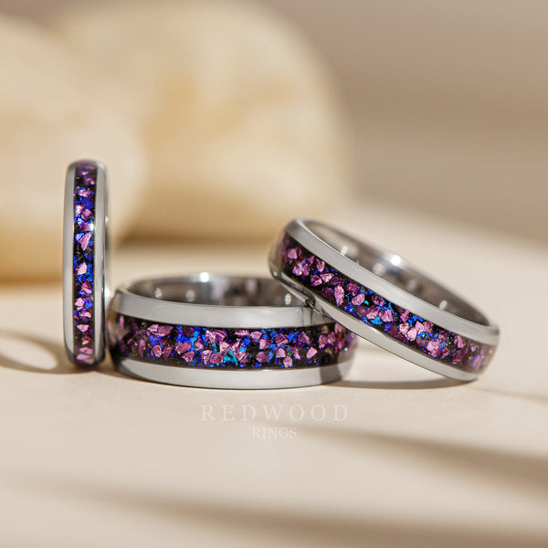 matching silver tungsten rings with purple lab alexandrite inlay, 4mm 6mm 8mm widths