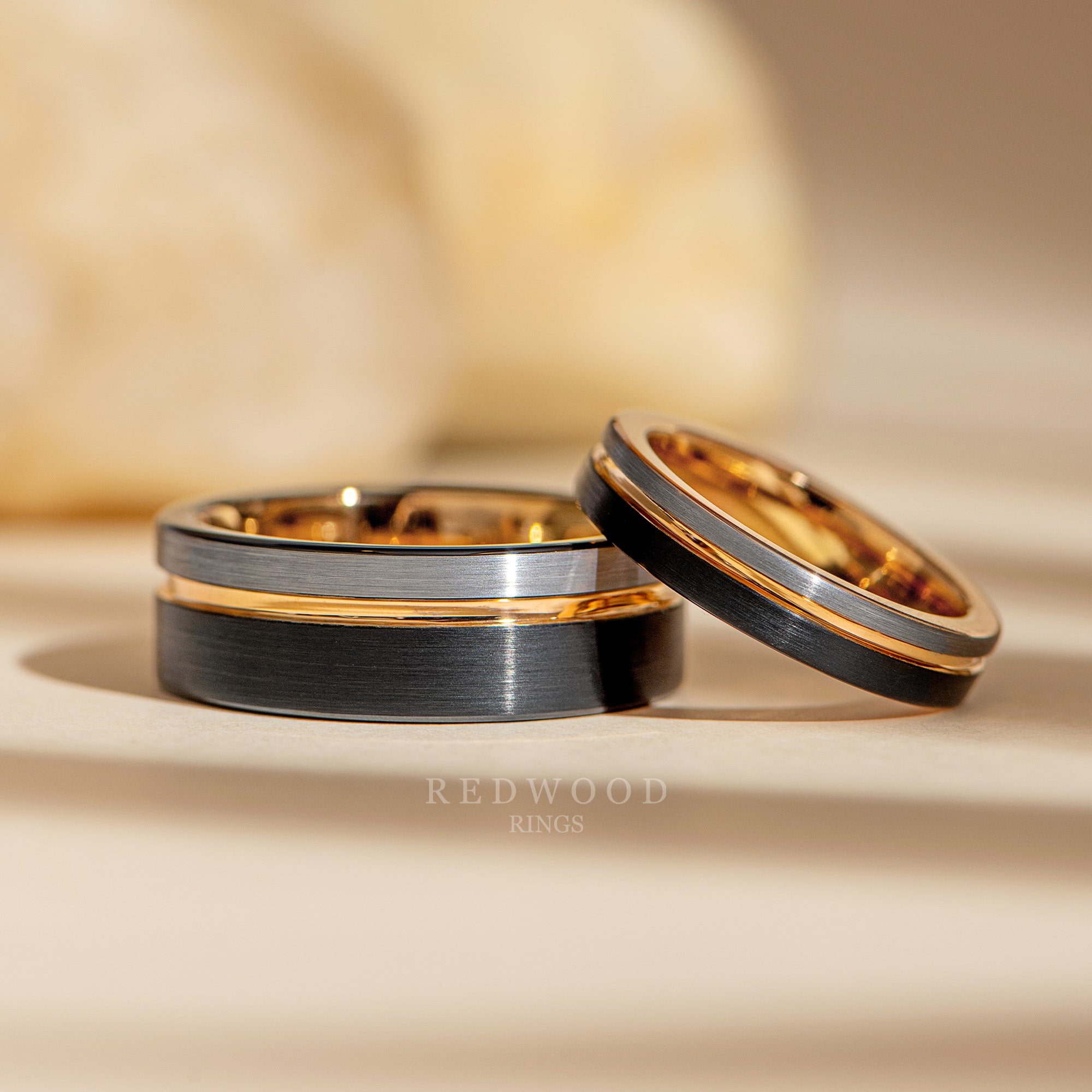 Matching Tri-Color Wedding bands, 8MM and 4MM Matte Ring Set – Redwood ...