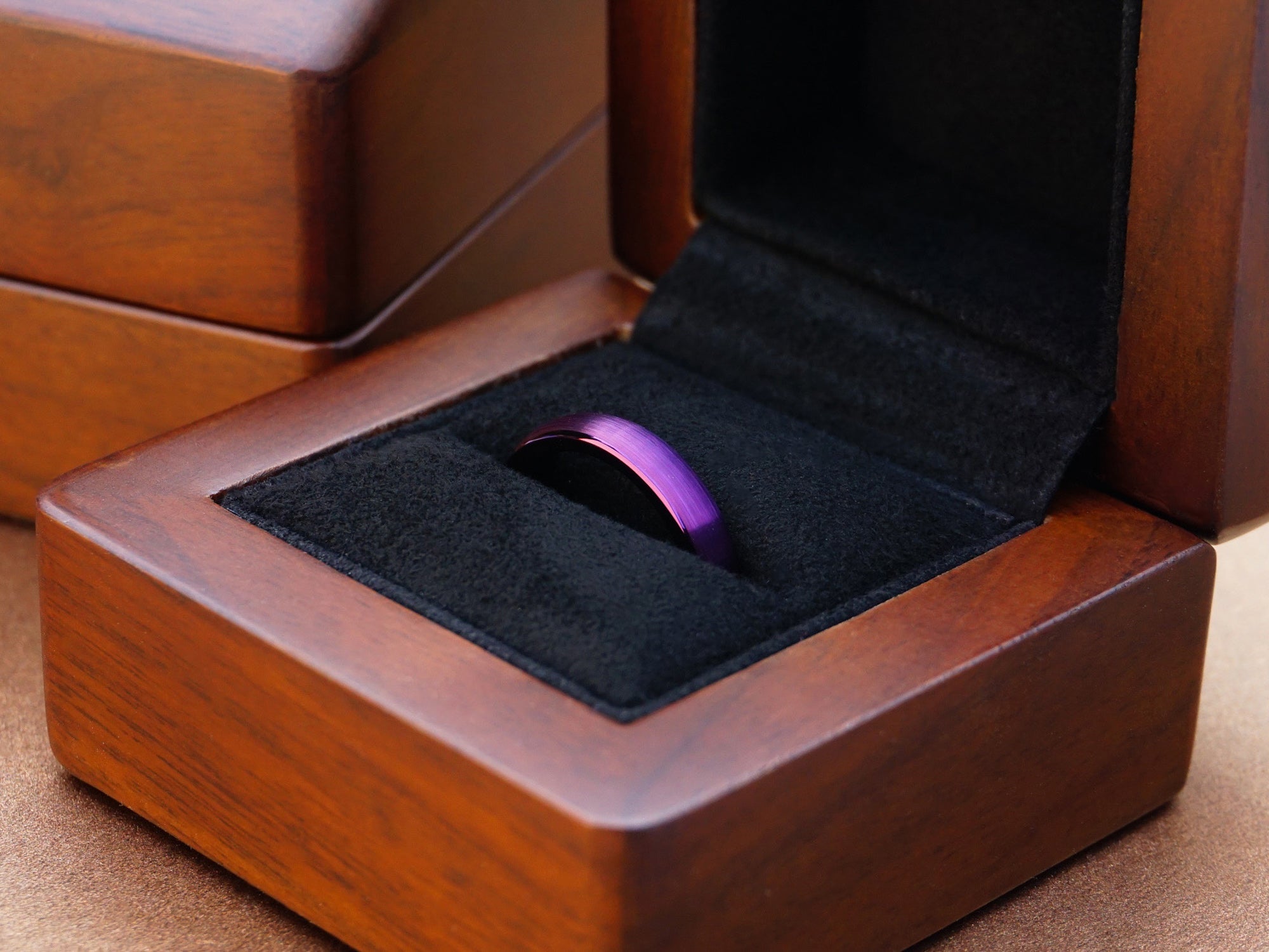matte purple tungsten ring, purple indigo brushed 4mm ring, minimalist womens wedding band, luxury wood ring box