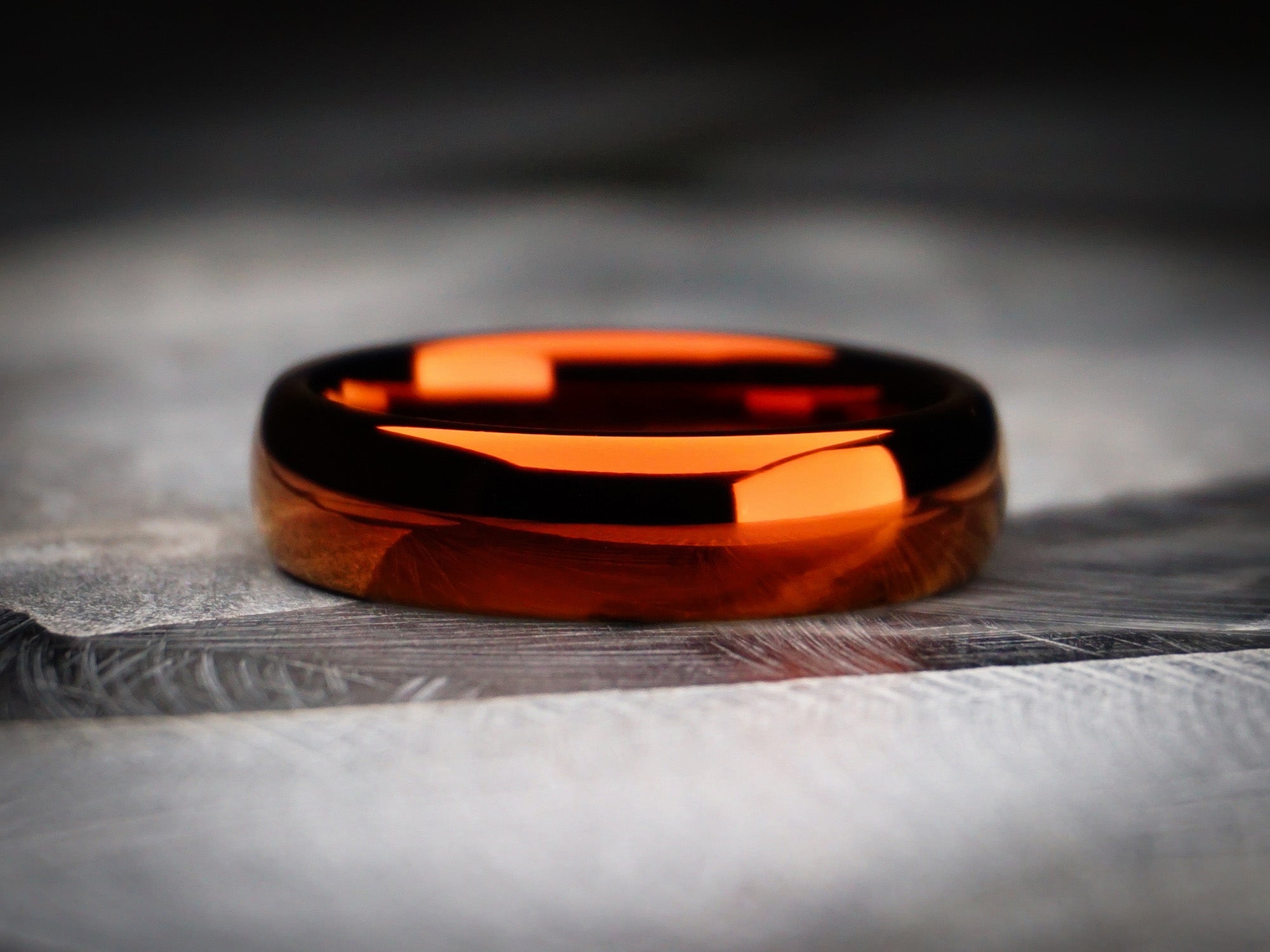 orange polished ring, burnt orange red shiny tungsten ring, 6mm width, unique mens wedding ring, dark stone