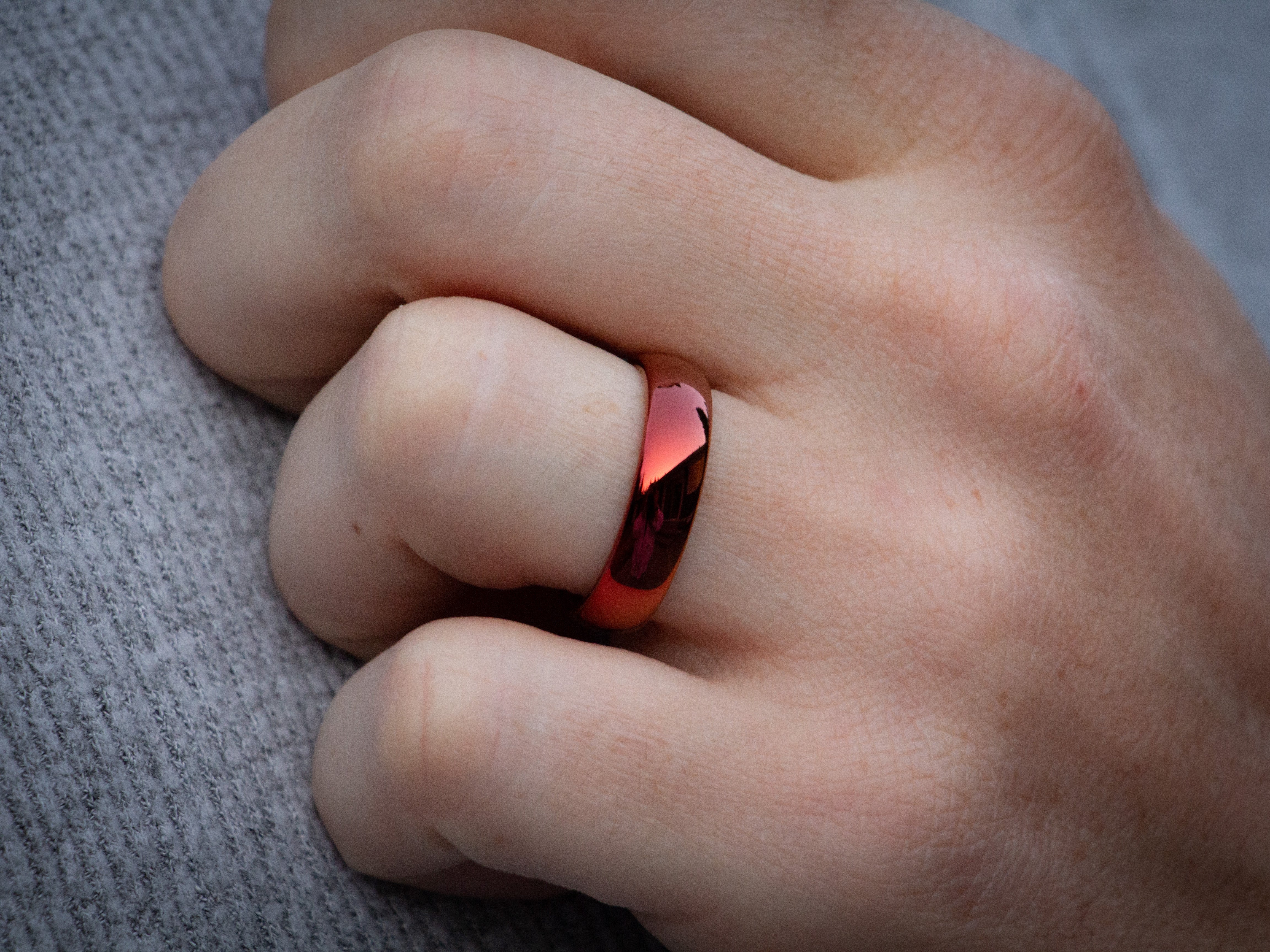 orange red ring, polished orange tungsten ring, mens fashion ring, mens hand photo, wedding band, red ring