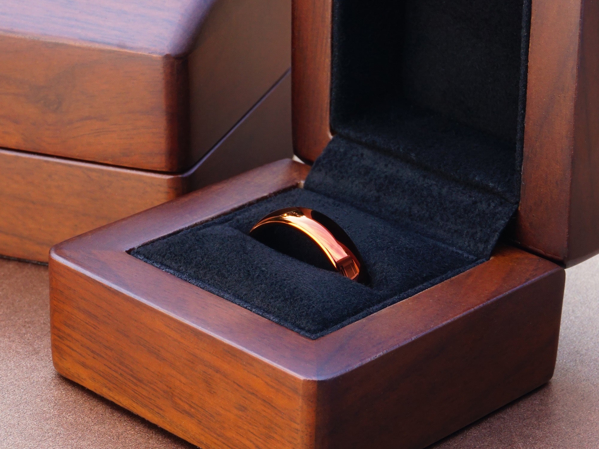 orange tungsten ring, burnt sienna mirror polished 6mm ring, minimalist mens wedding band, luxury wood ring box