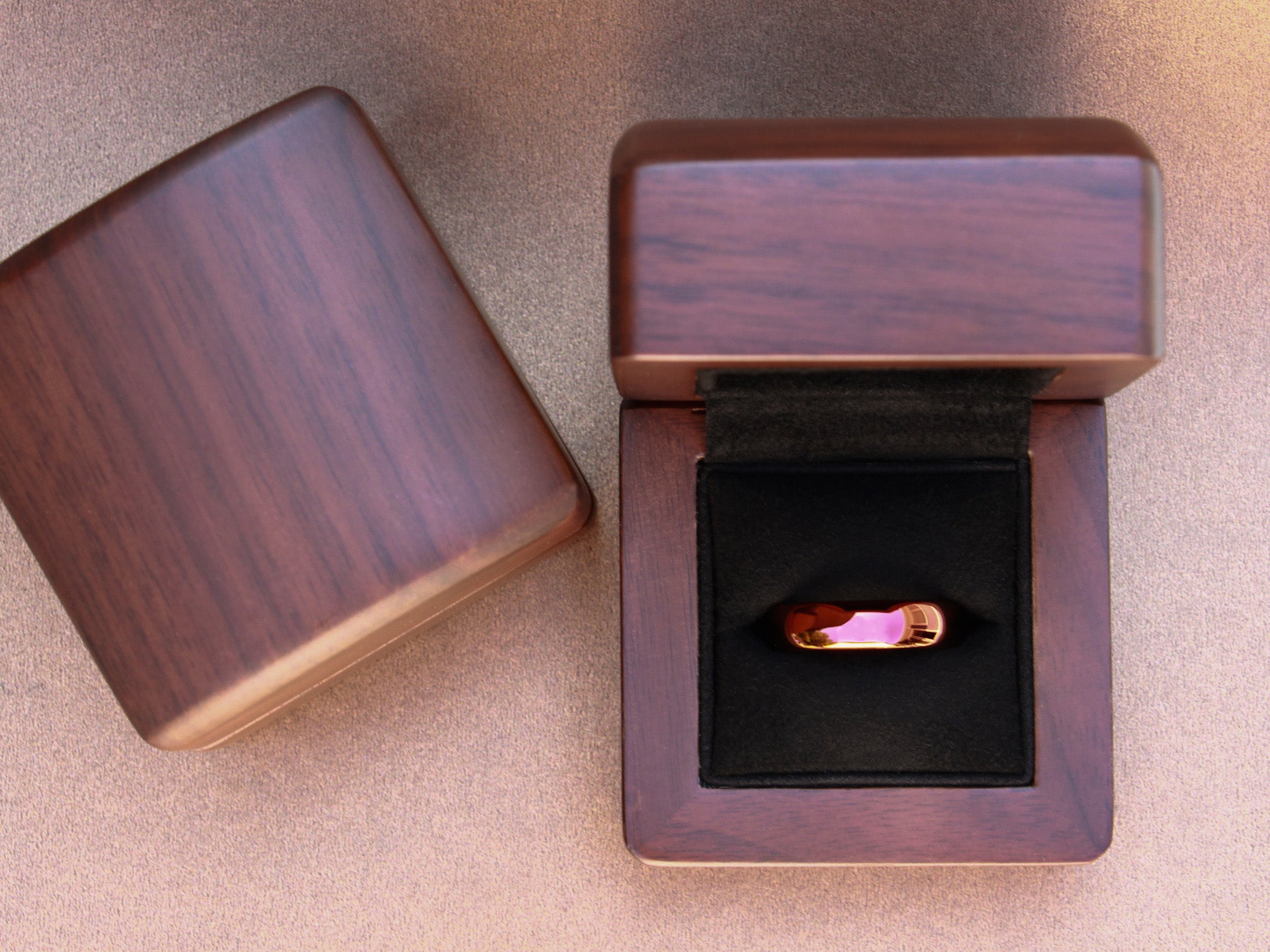 orange tungsten ring, unique unisex wedding ring, shiny orange polished ring, walnut wood box