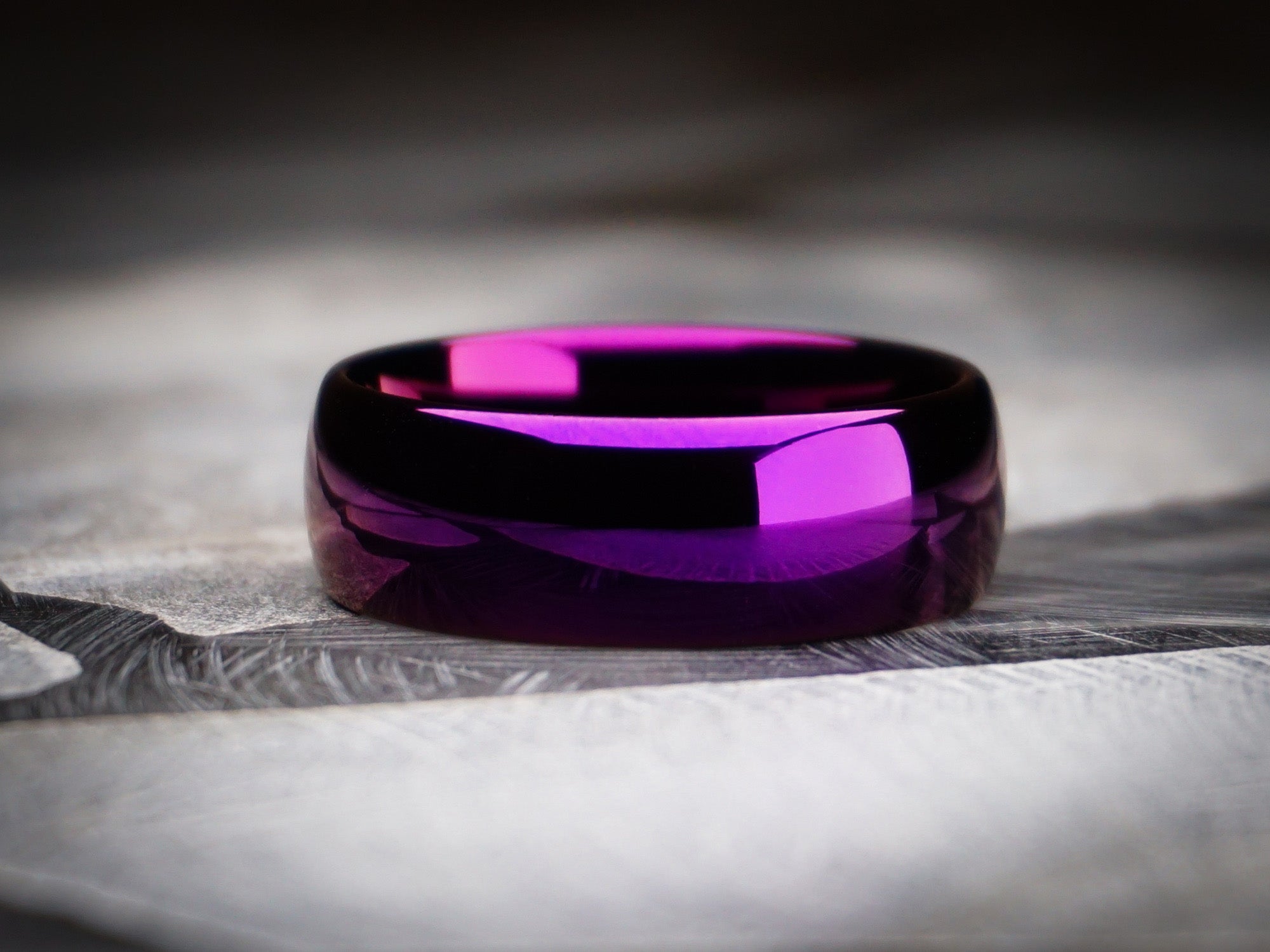 purple polished ring, purple magenta shiny tungsten ring, 8mm width, unique mens wedding ring, dark stone