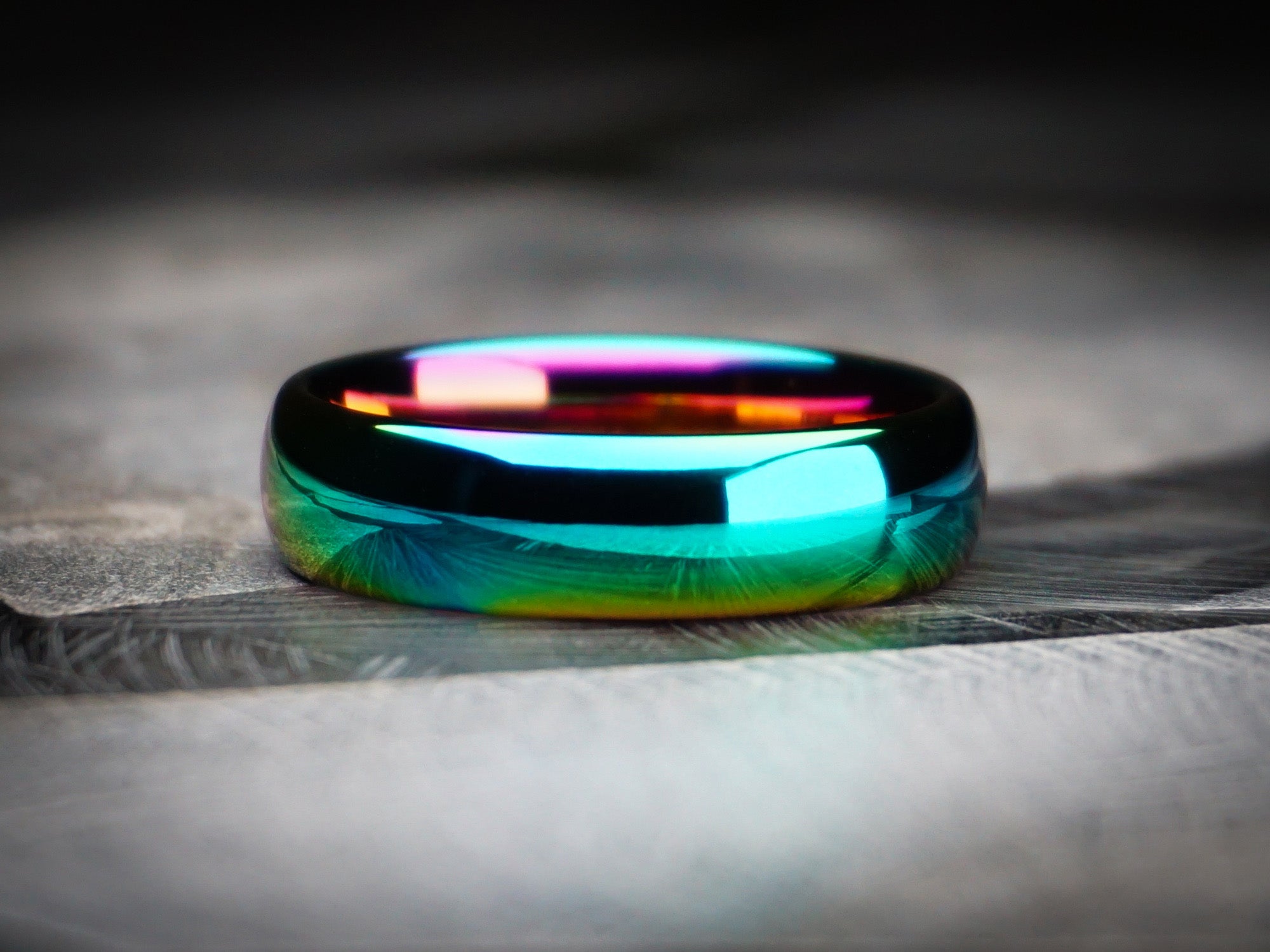 rainbow polished ring, oil slick rainbow shiny tungsten ring, 6mm width, unique mens wedding ring, dark stone