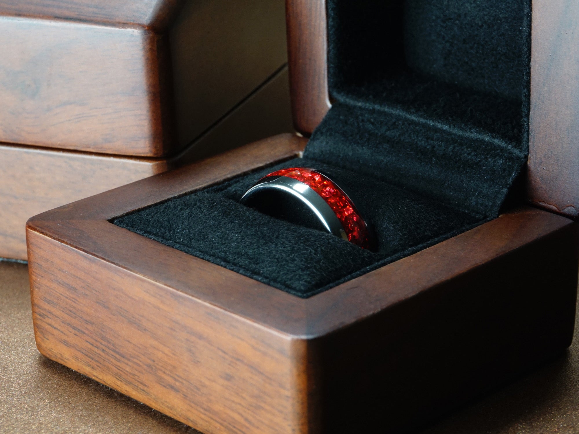 red garnet tungsten ring, silver polished 8mm ring with ruby red lab garnet inlay, mens wedding band, luxury wood ring box