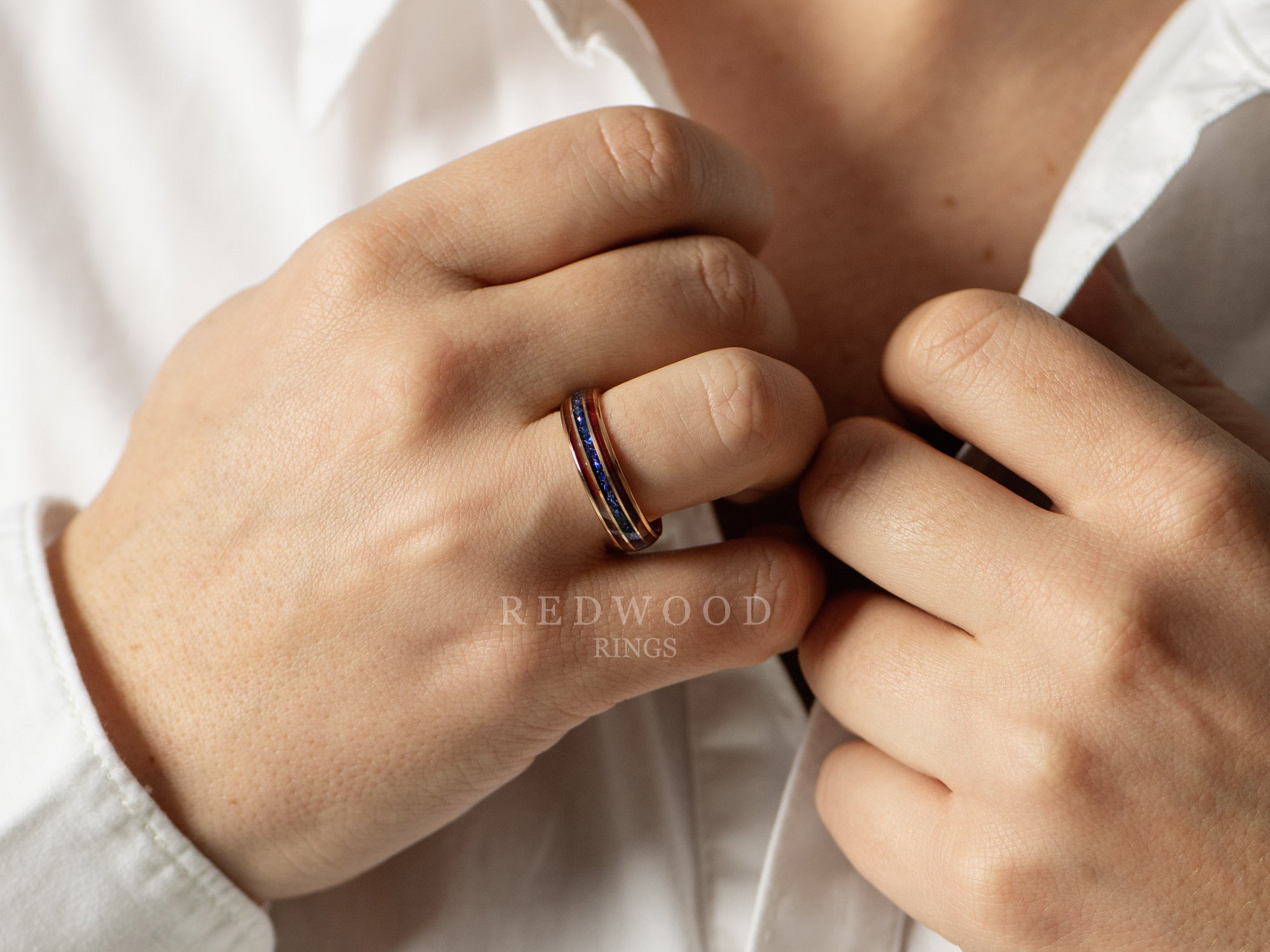 redwood and blue sapphire tungsten ring, mens hand photo, watermarked