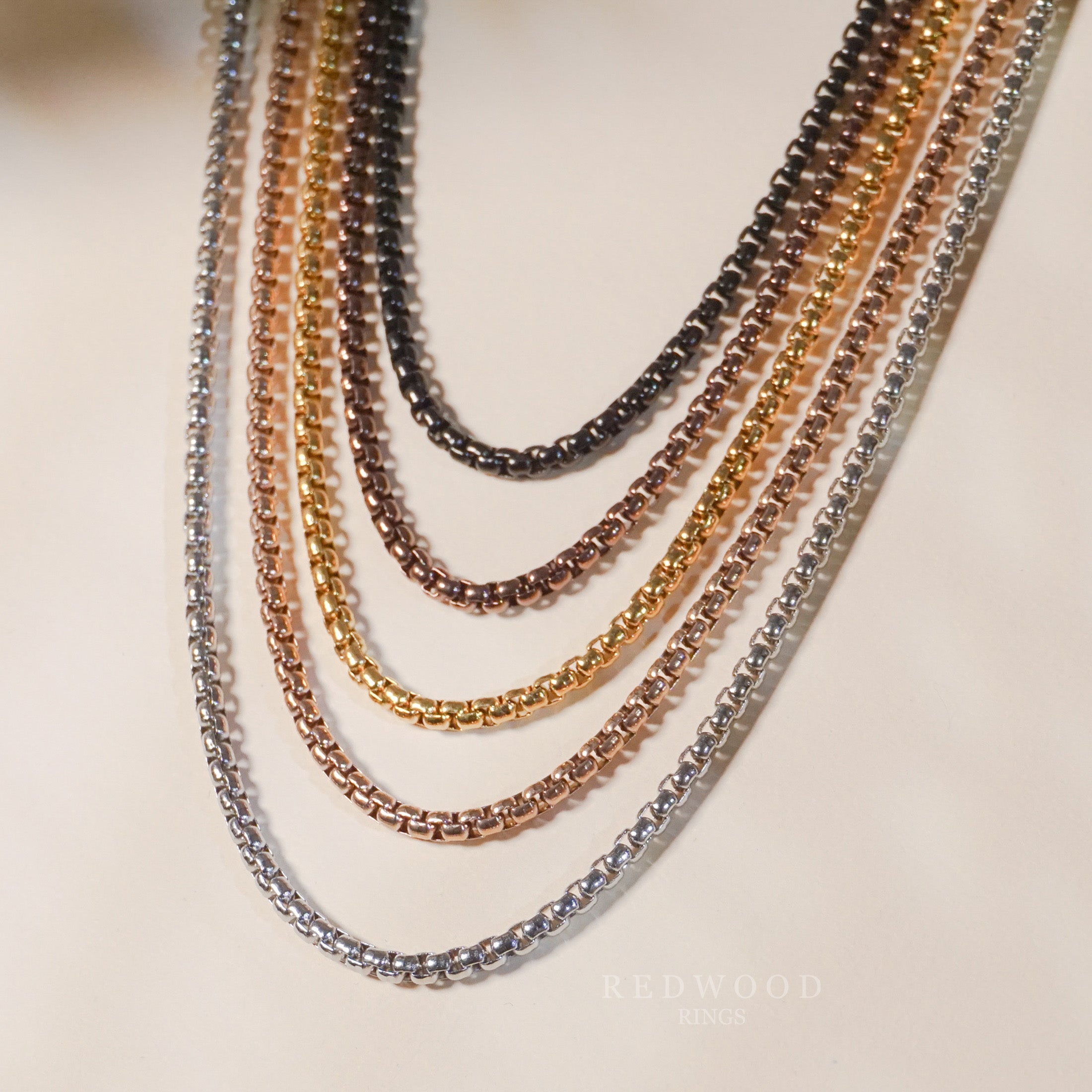 ring chain necklace, black, brown, silver, gold, rose gold colors