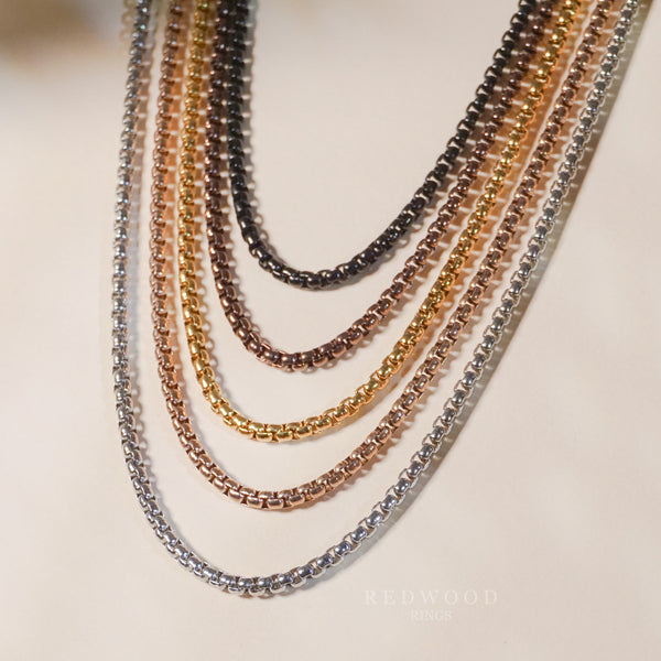 ring chain necklace, black, brown, silver, gold, rose gold colors