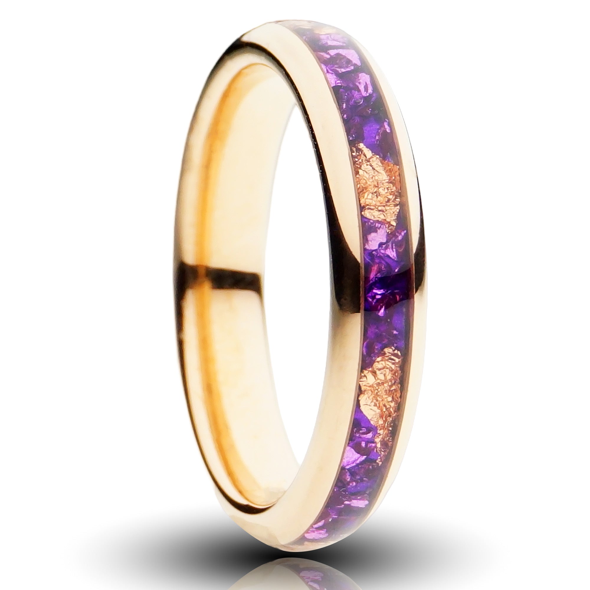 Rose Gold Tungsten Ring with Rose Gold Leaf & Lab-Created Amethyst Inlay - 4MM