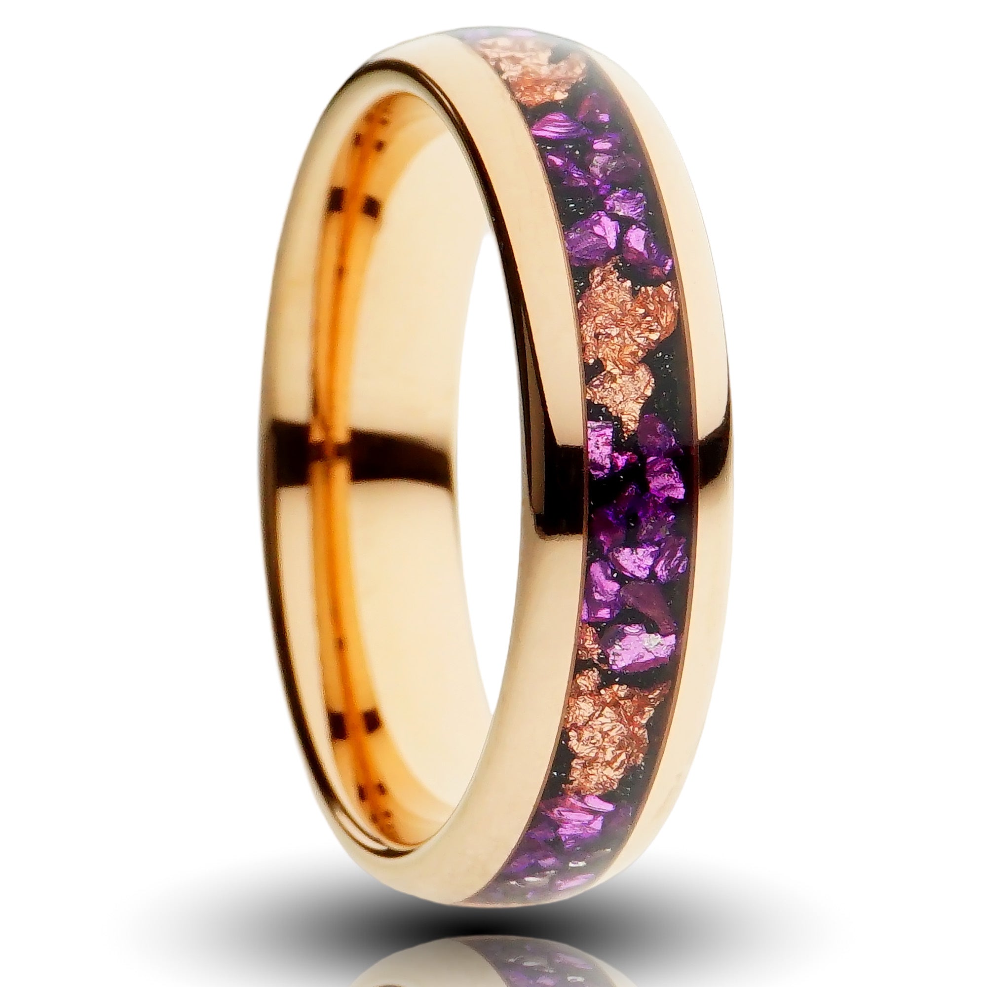 rose gold leaf amethyst tungsten ring, 6mm rose gold foil inlay with crushed amethyst, rose gold plated tungsten, mens wedding band, cutout photo, 33a49950-7fbe-4fae-8bf0-e59796904cae