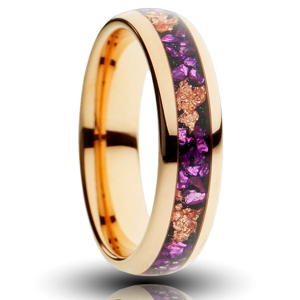 Rose Gold Tungsten Ring with Rose Gold Leaf & Amethyst Inlay - 6MM