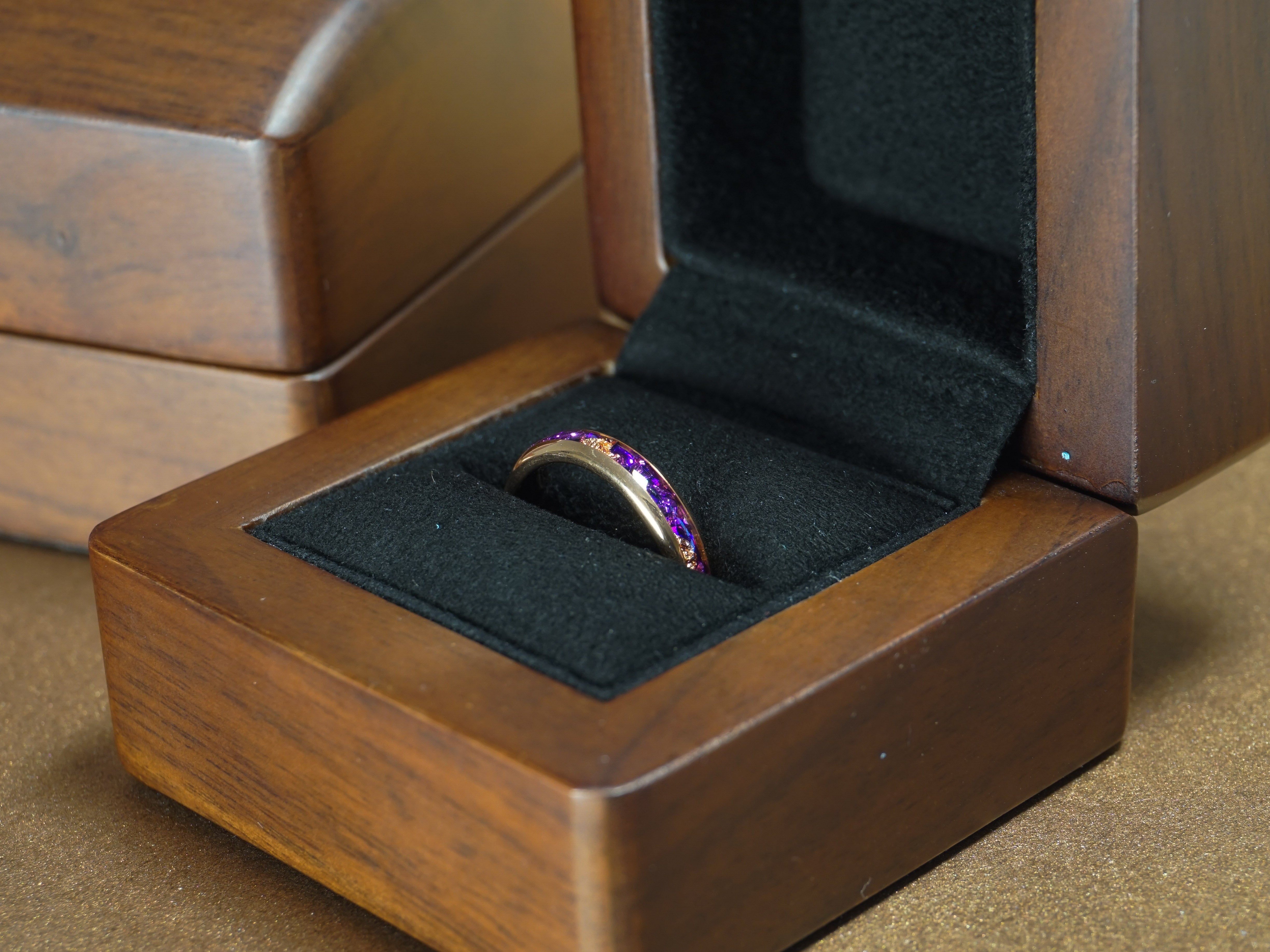 Rose Gold Tungsten Ring with Rose Gold Leaf & Lab-Created Amethyst Inlay - 4MM