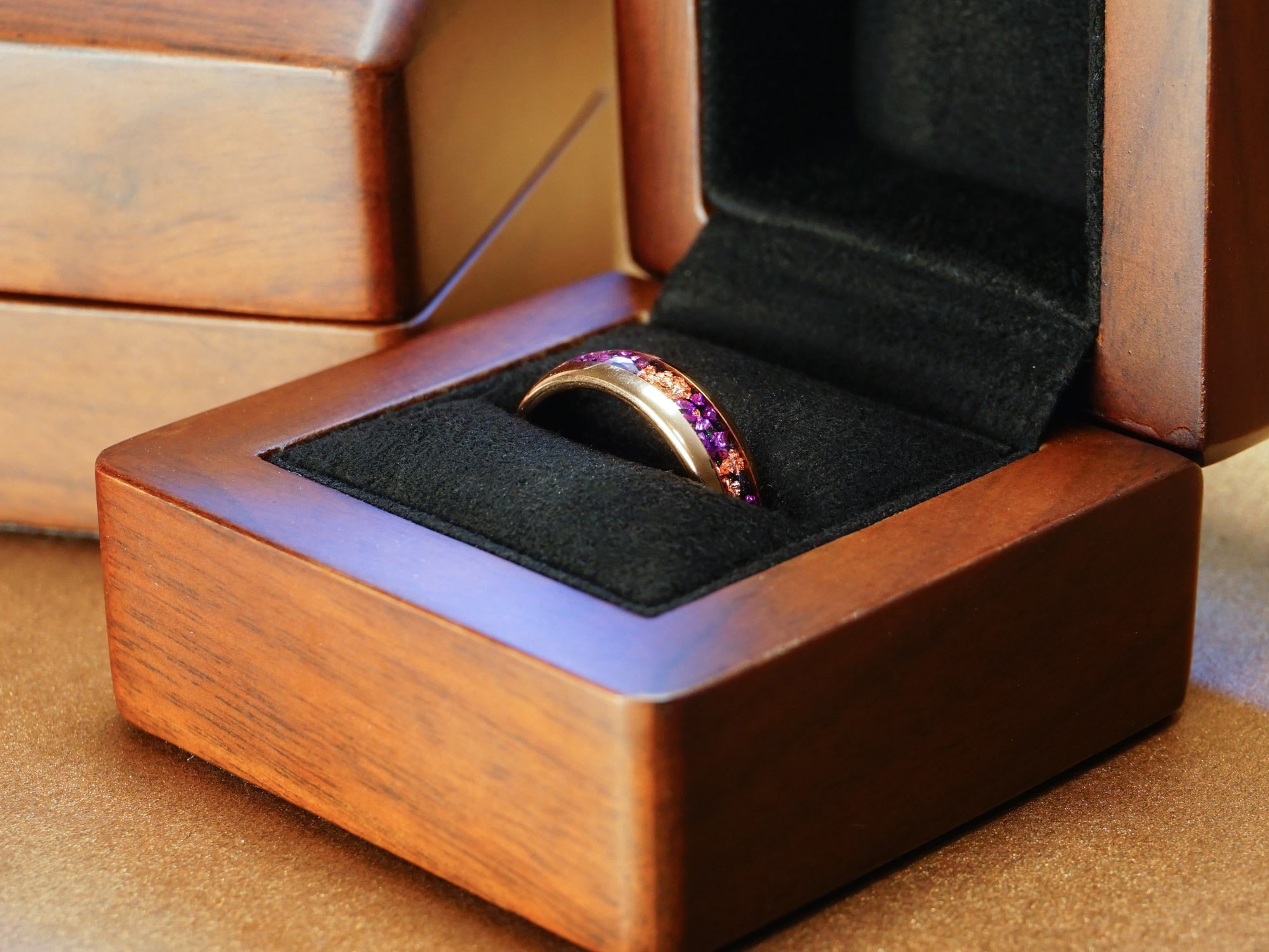 rose gold leaf meteor tungsten ring, rose gold polished 8mm ring with rose gold leaf and amethyst inlay, mens wedding band, luxury wood ring box