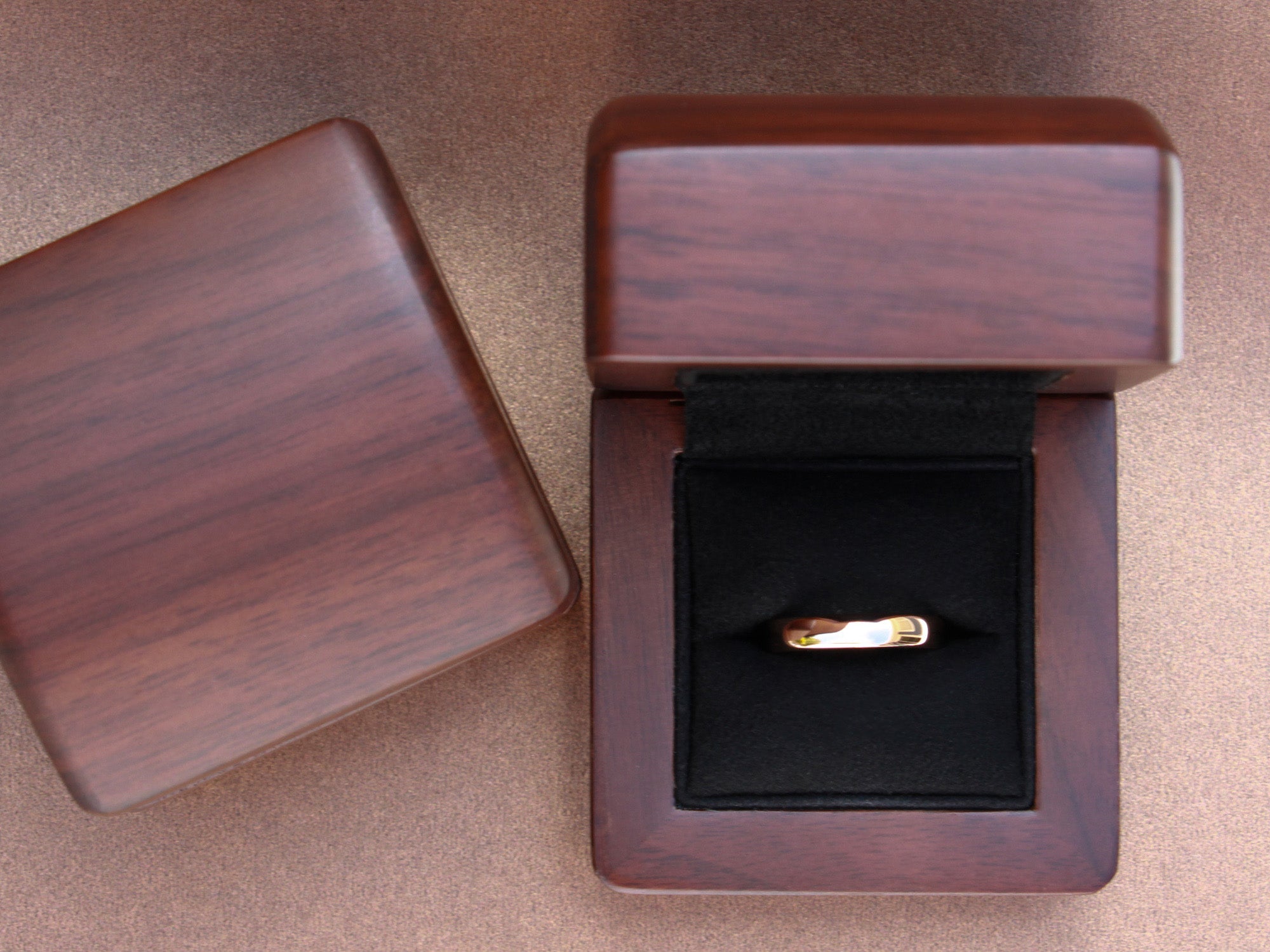 rose gold tungsten 4mm ring, unique womens wedding ring,, shiny rose gold polished ring, walnut wood box