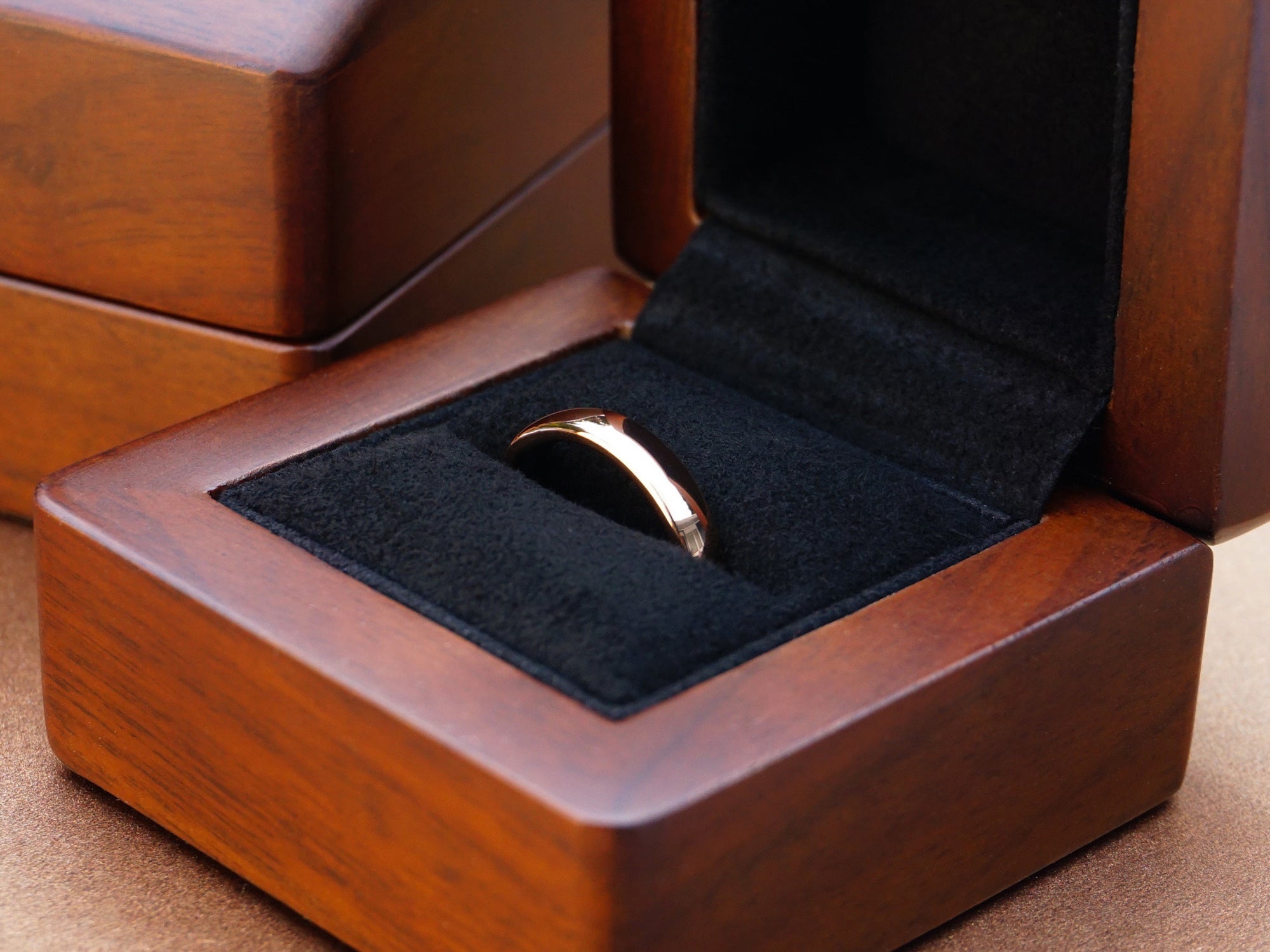 rose gold tungsten ring, rose gold mirror polished 4mm ring, minimalist womens wedding band, luxury wood ring box