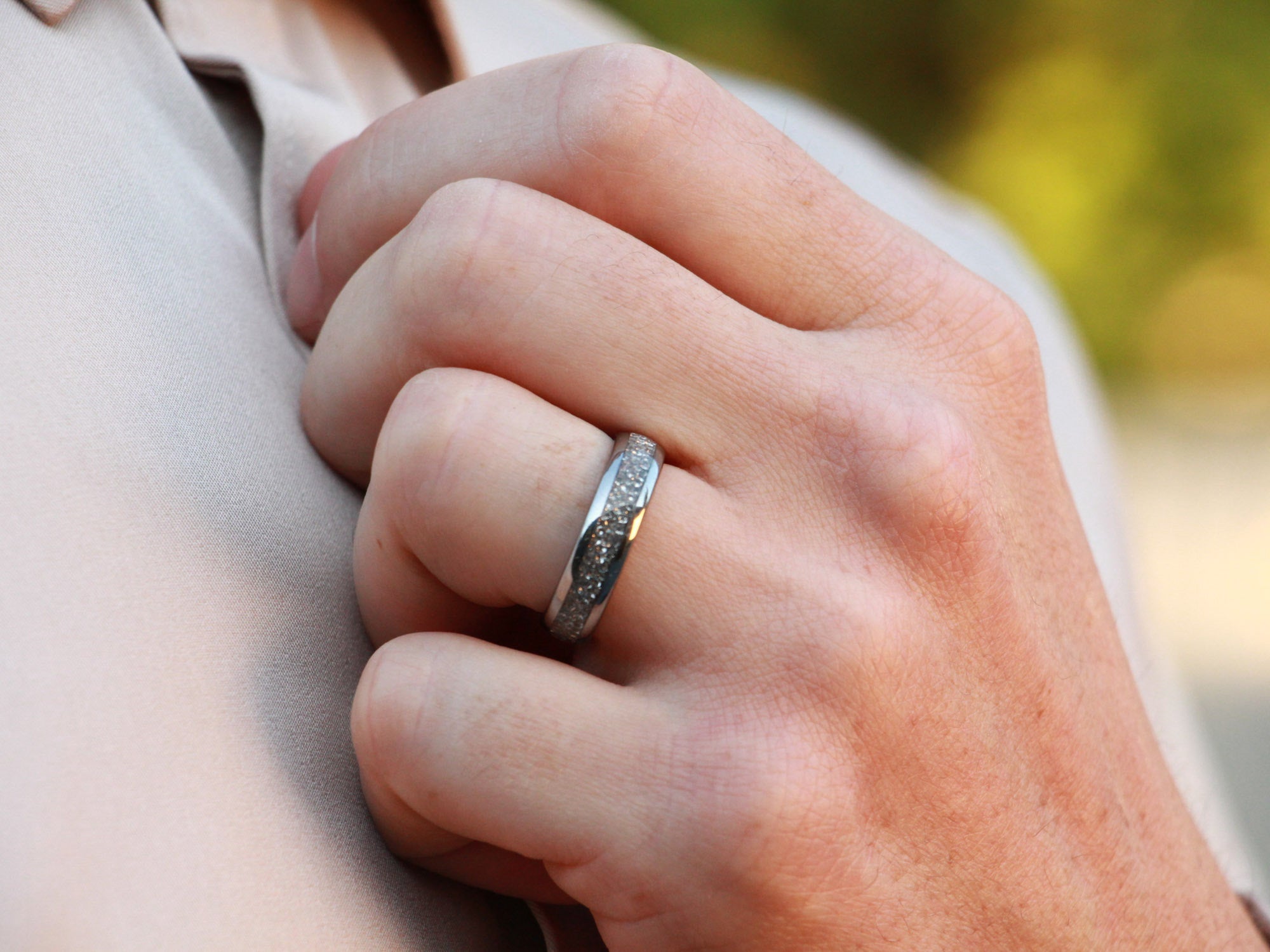 silver diamond tungsten ring, lab grown diamond gemstone inlay, 6mm silver wedding band, mens hand photo