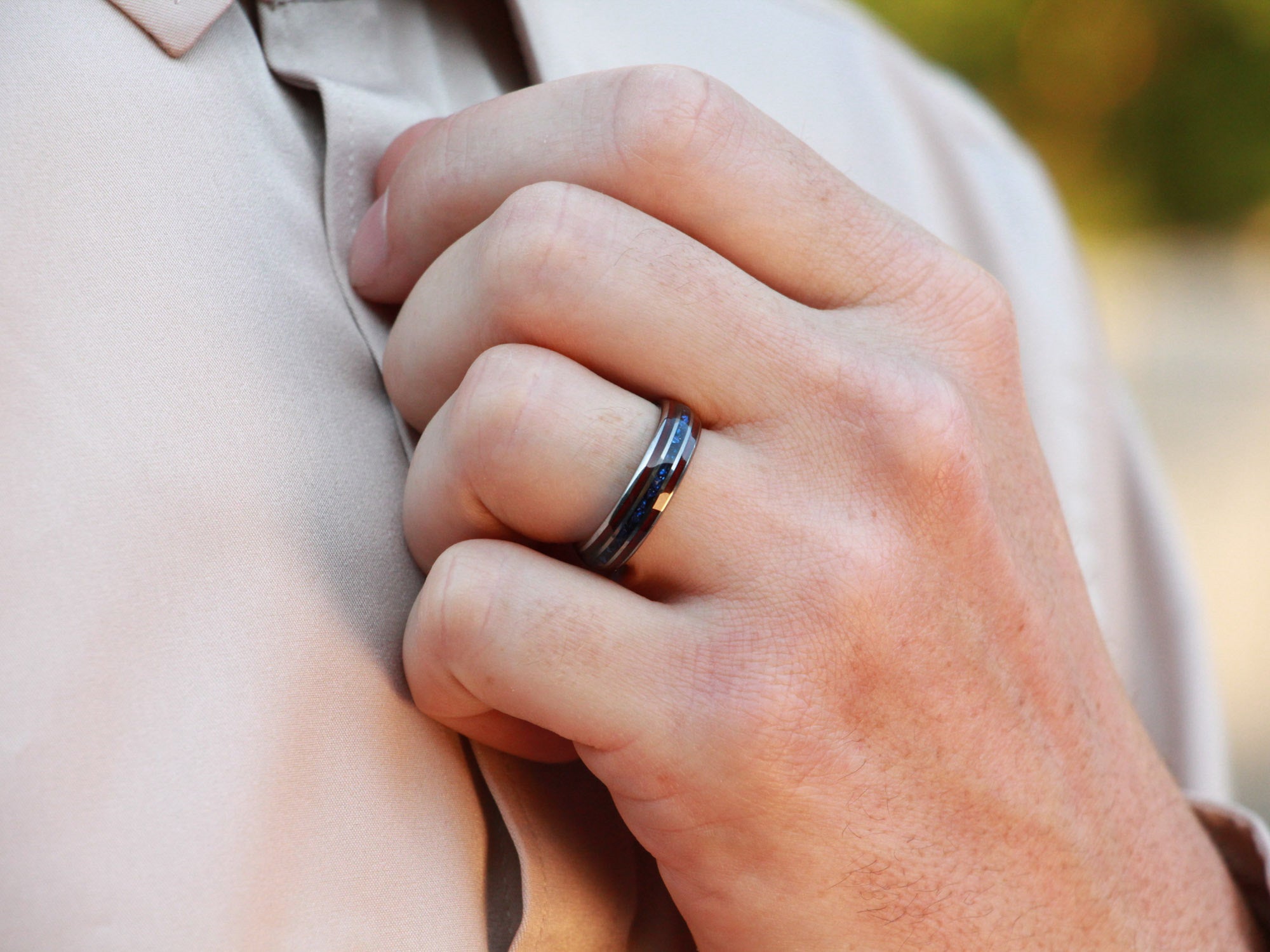 silver redwood sapphire tungsten ring, redwood and lab created sapphire inlay, 6mm silver wedding band, mens hand photo